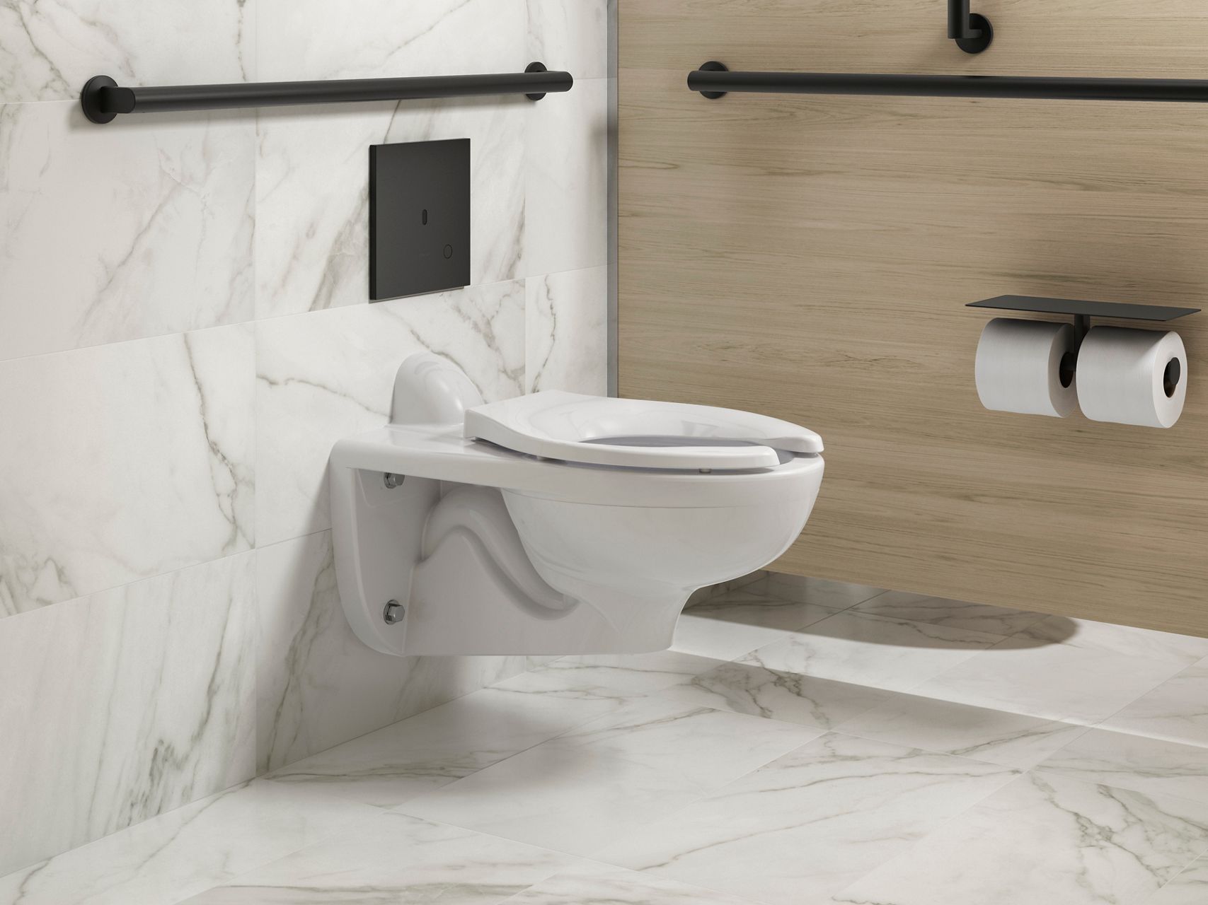 Match Flex toilet in a modern commercial bathroom stall with white marble flooring and black grab bars.