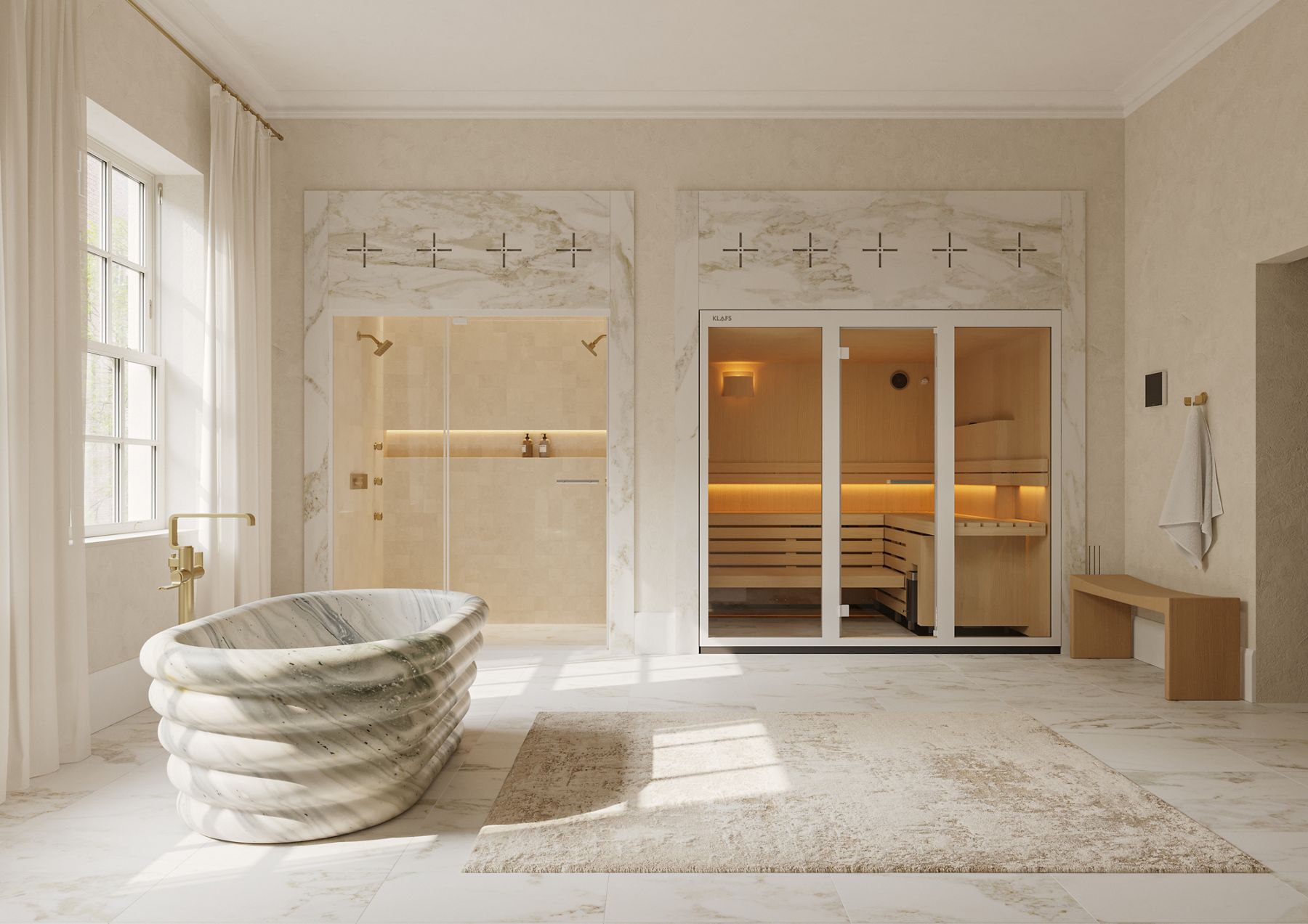 Bright spa-style bathroom with a freestanding soaking tub in the foreground and a glass-enclosed sauna with warm wood interior in the background.