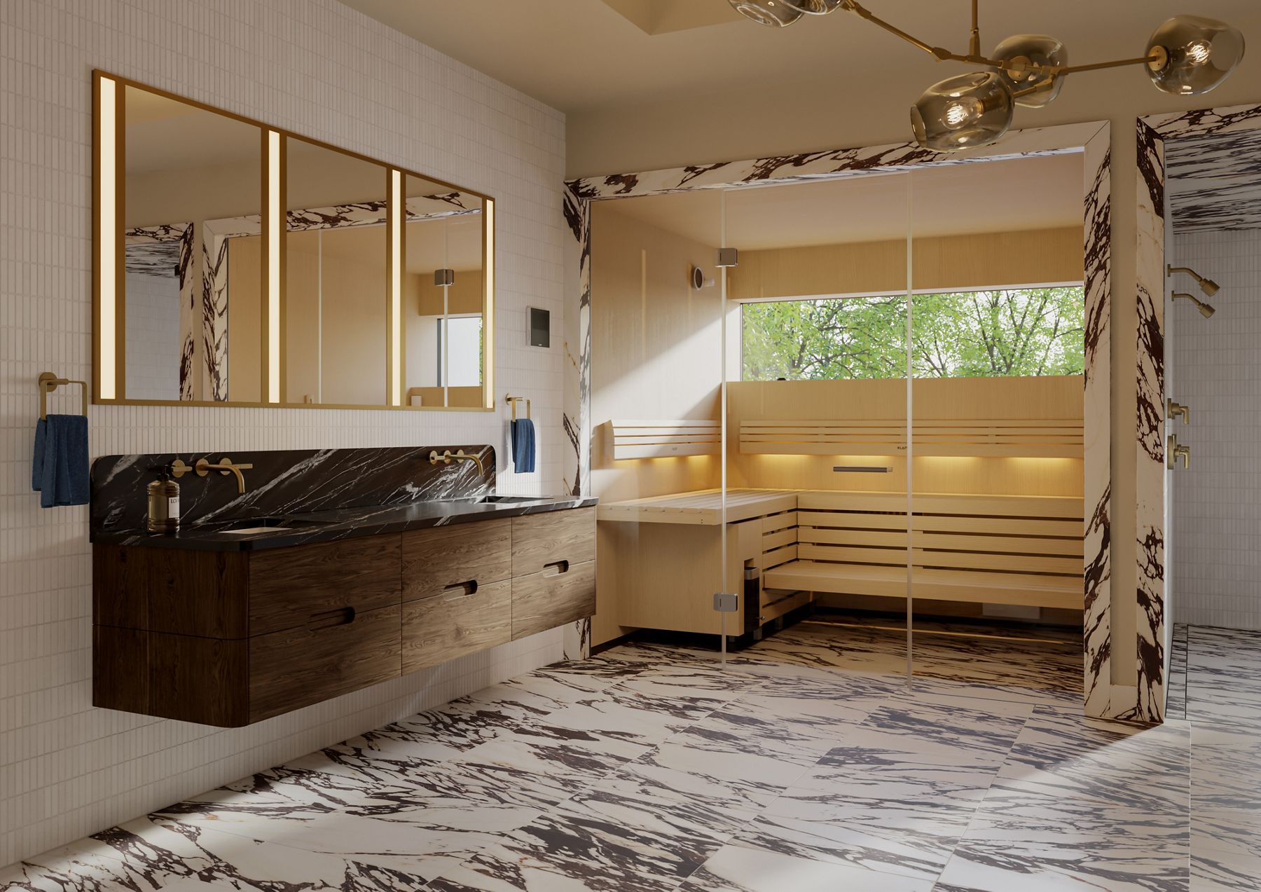 Luxury bathroom featuring a floating dark wood double vanity with mirrored medicine cabinets, marble walls and flooring, and a glass-enclosed sauna with warm wood seating.