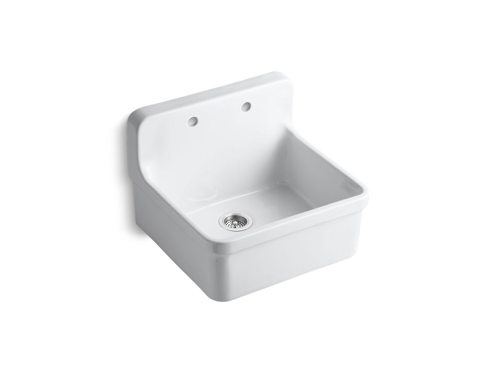 A close-up of a virteous china sink and drain.