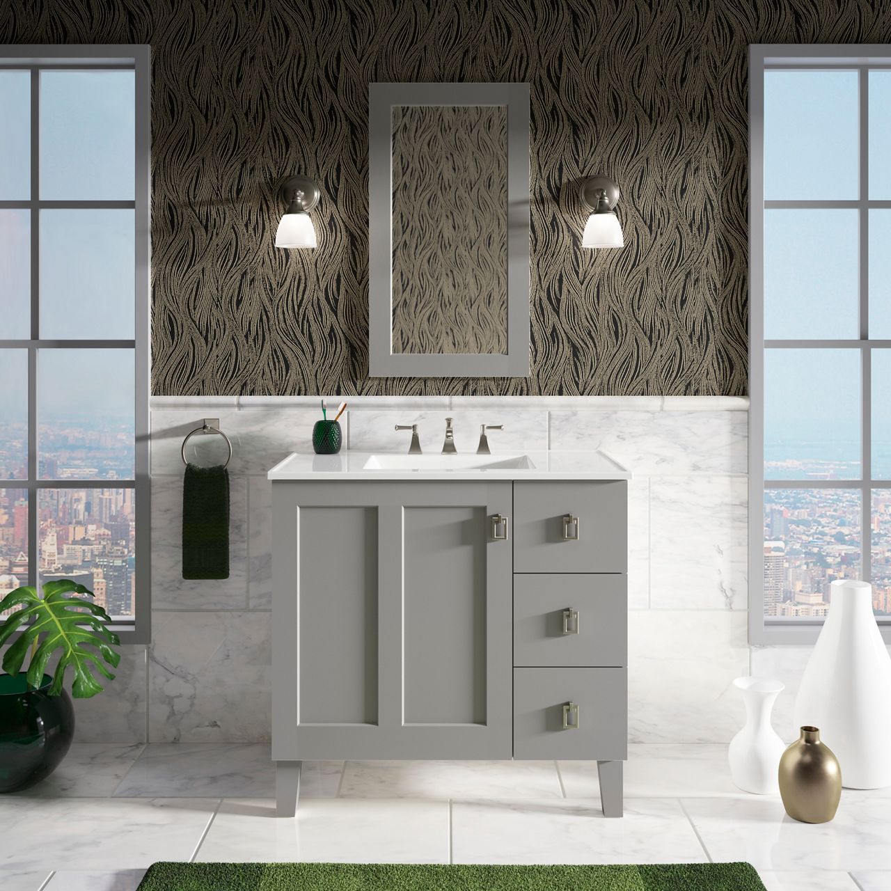 Gray vanity with three drawers and cabinet