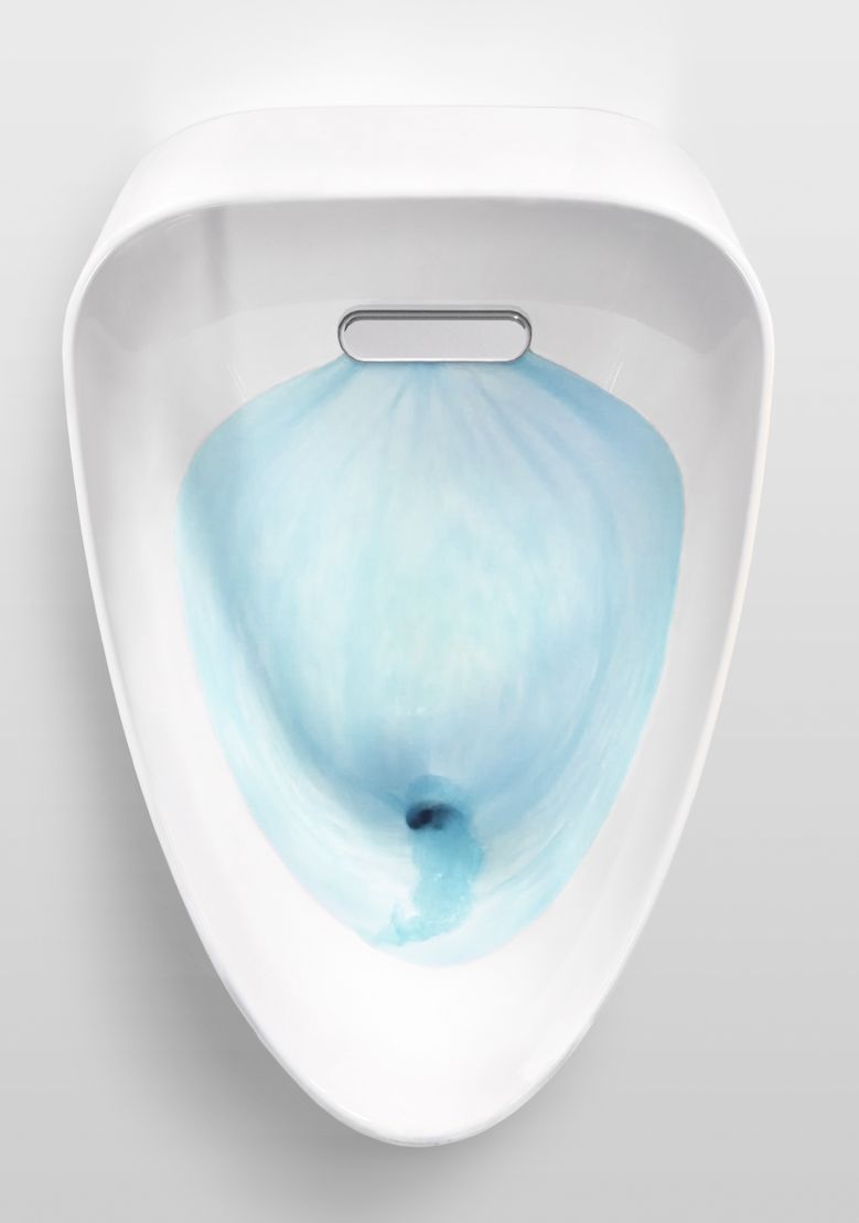 A inverted triangular shaped urinal with blue colored water rinsing the interior.