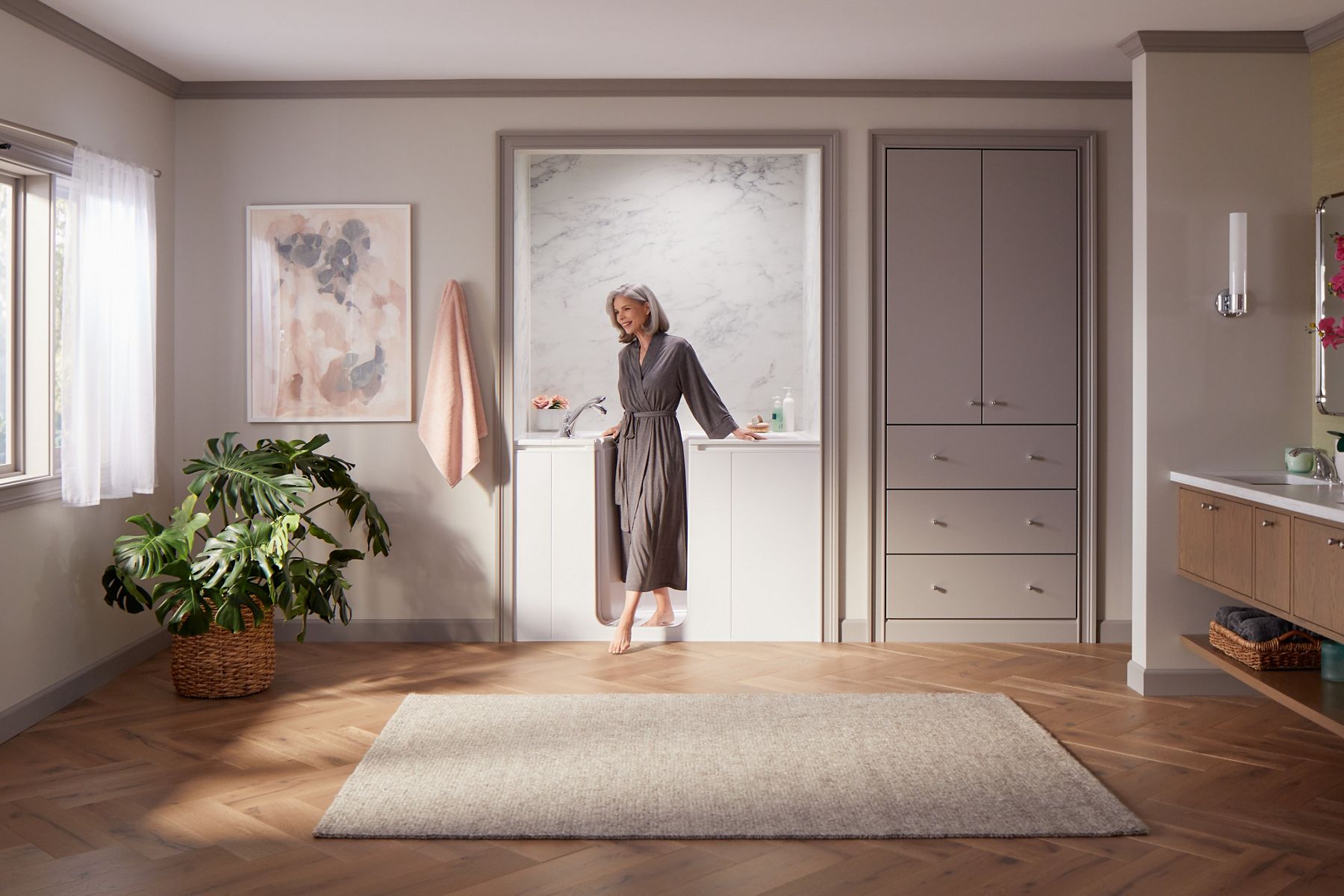 woman walking out of walk-in bath