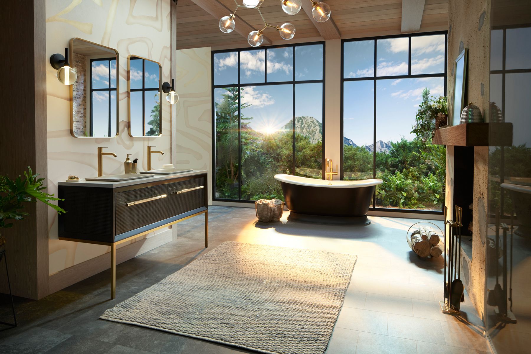 Une baignoire autoportante noire Artifacts de KOHLER se démarque dans une grande salle de bain avec meuble-lavabo double Envio, miroirs Essential et fenêtres allant du plancher au plafond avec vue sur la montagne.