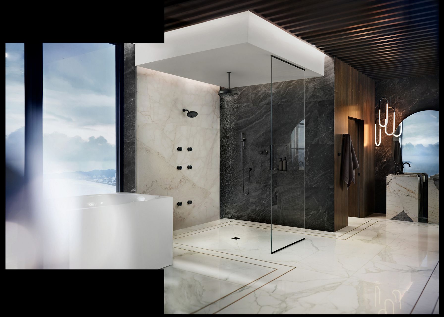 Luxury modern bathroom featuring a black and white walk-in shower with matte black showering components, soaking tub next to a floor to ceiling window and marble surfaces, vanity, wood paneled walls, and contemporary lighting.