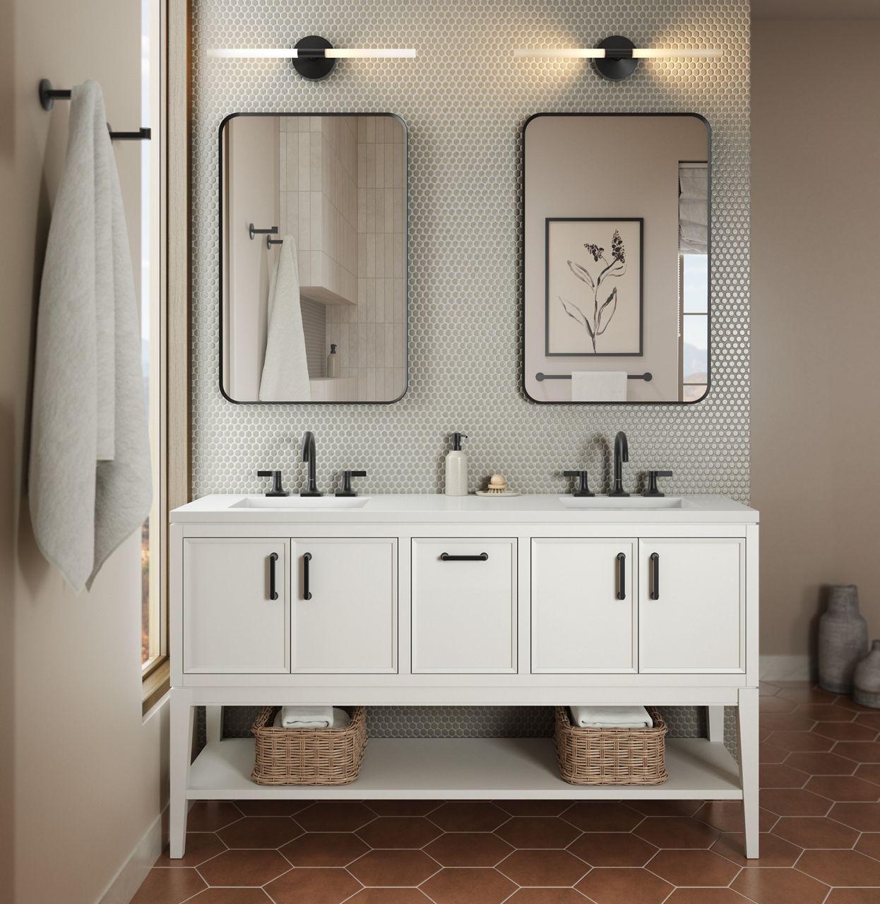 A double vanity with white coutner top, black faucets, black-framed rectangular mirrors with rounded corners, and a wall of very small hexagonal white tiles.