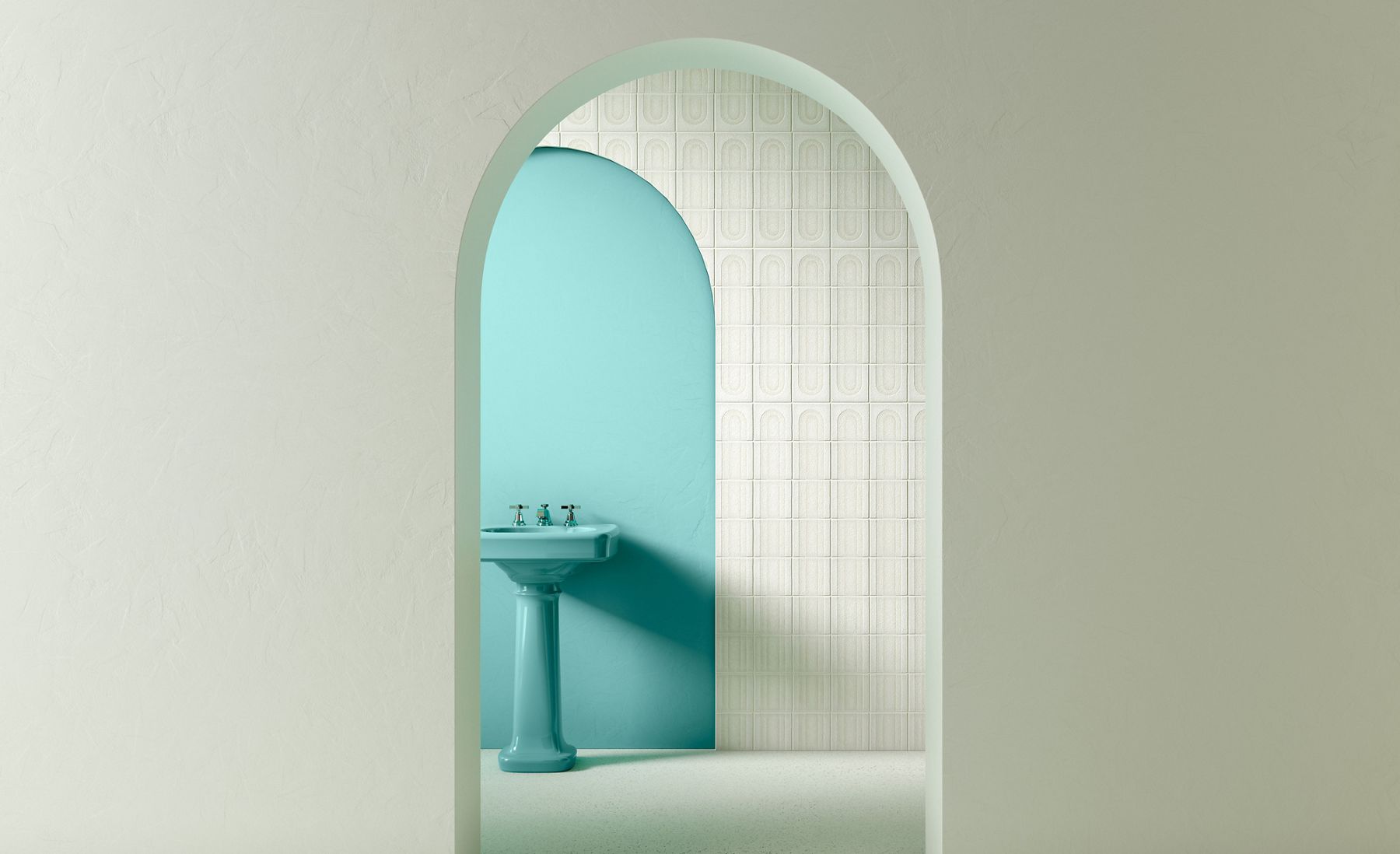 A spring green colored pedestal sink in an archway with bone finish tile on the wall from KOHLER WasteLAB.