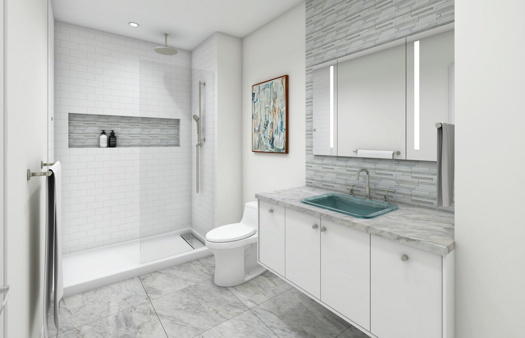 Contemporary bathroom with KOHLER sink faucet, wall-hung vanity, rainhead, handshower, smart shower system, and one-piece toilet