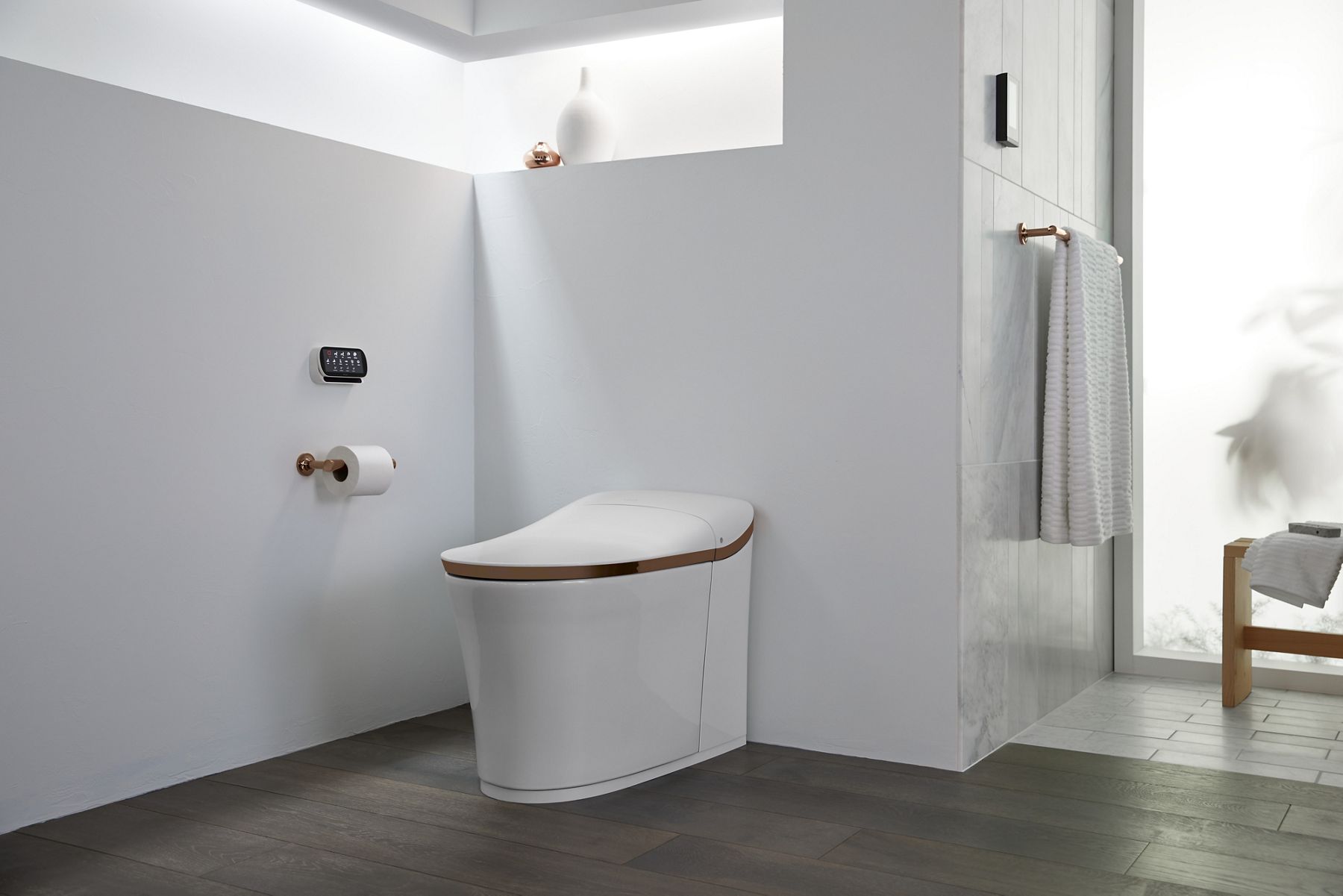 Minimalist white powder room with KOHLER Eir intelligent toilet