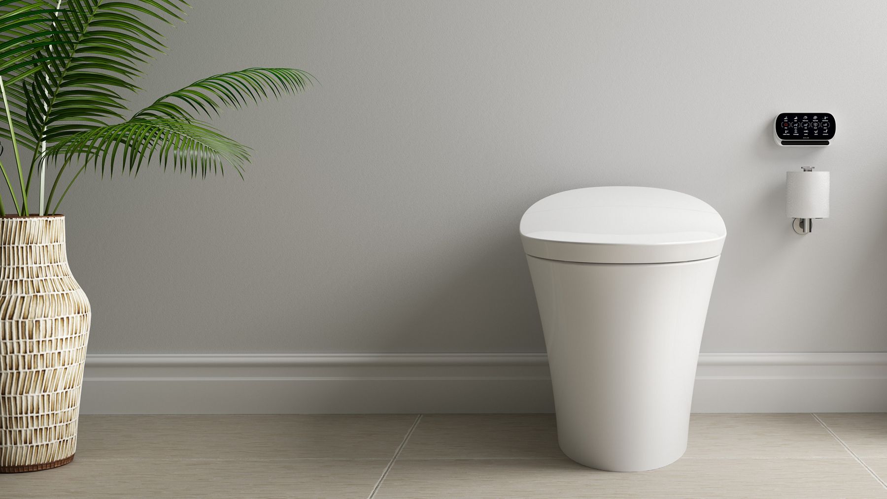 KOHLER intelligent toilet with wall-mounted touch screen control in light and bright bathroom