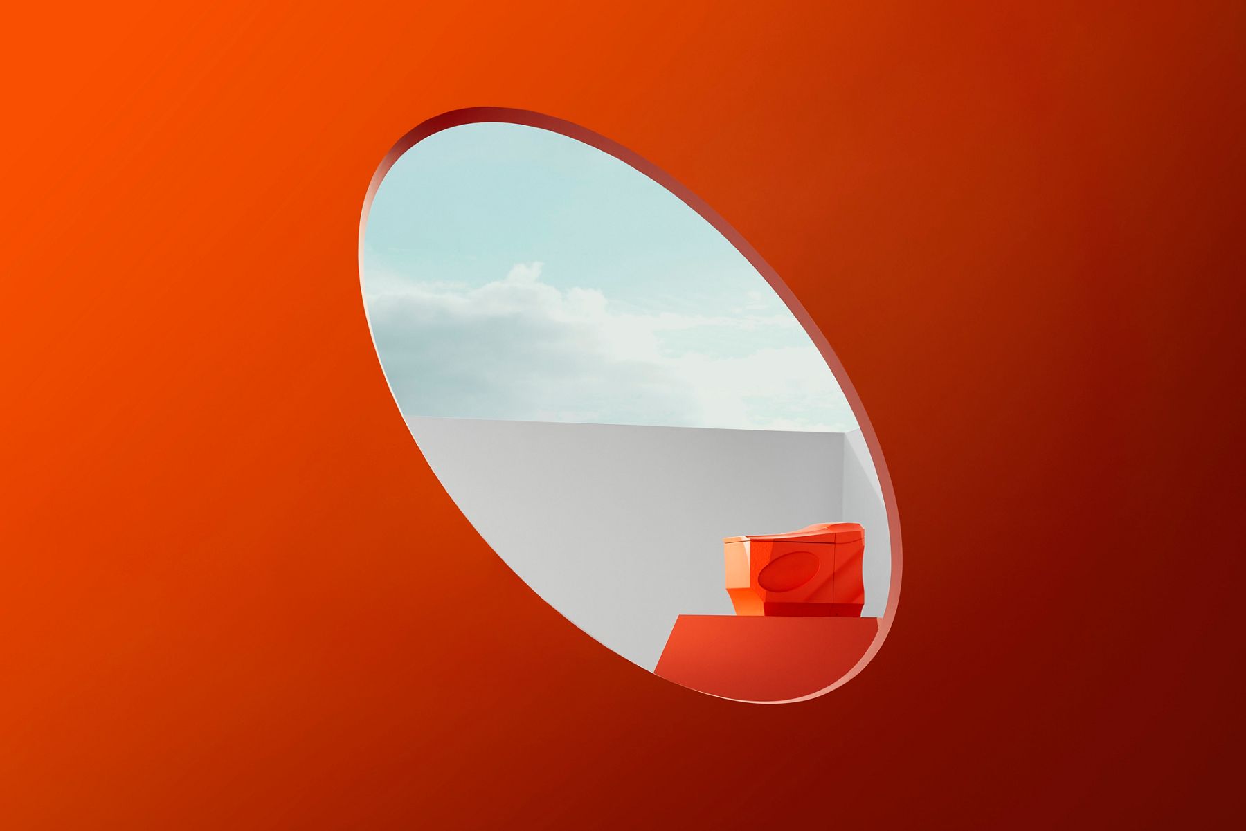 An artistic photograph of an orange tankless toilet in an outdoor room with no ceiling framed by a large orange oval in the foreground.