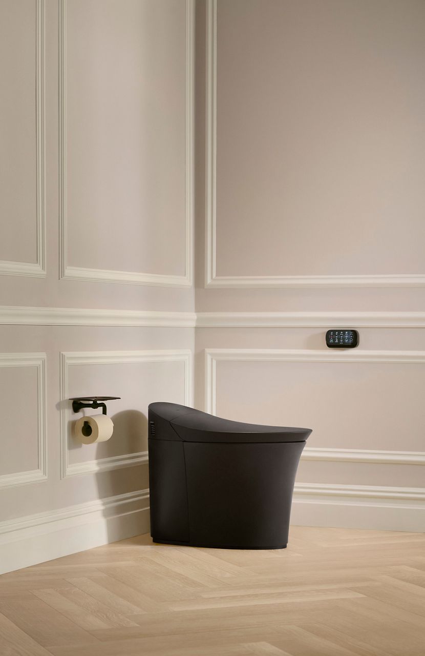 A sleek black toilet with a curved lid sits in a bright bathroom.