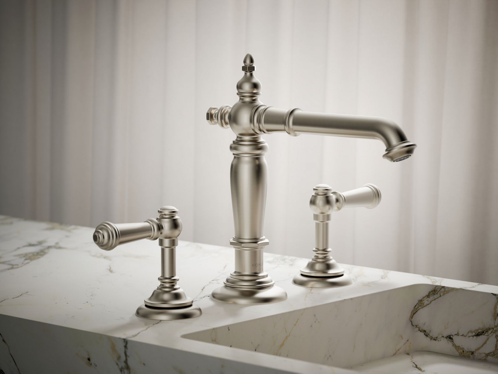 Vintage-inspired brushed nickel widespread bathroom faucet with a tall spout and two matching handles on a marble countertop.