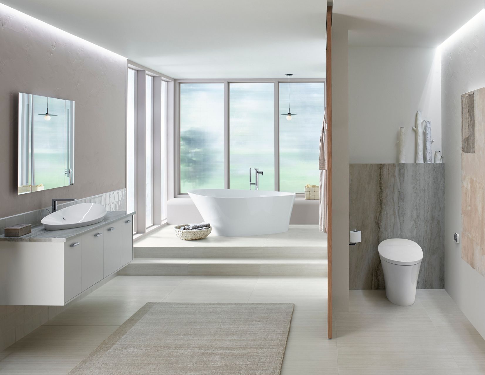 Minimalist bathroom with a white freestanding bathtub, floating vanity, separate toilet area, and large floor-to-ceiling windows.