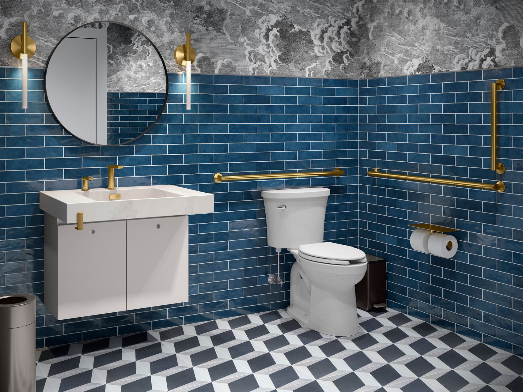 A modern bathroom sink with a white marble countertop and gold fixtures, including a faucet and grab bars. The walls are tiled with glossy dark blue subway tiles, and the floor features a geometric black-and-white pattern.