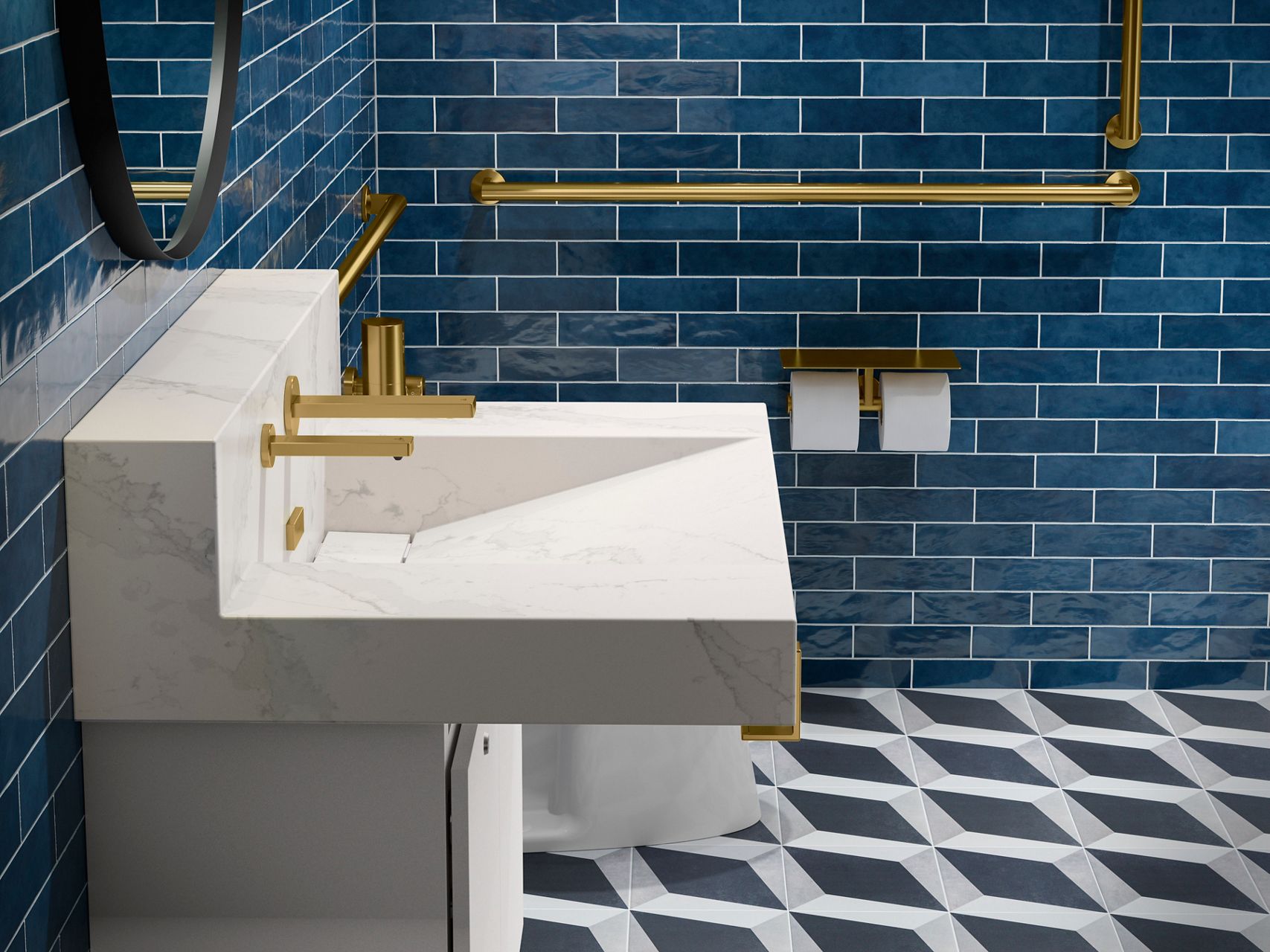 Features a gold faucet, towel bar, and accessories with a marble sink against a blue tiled backdrop.