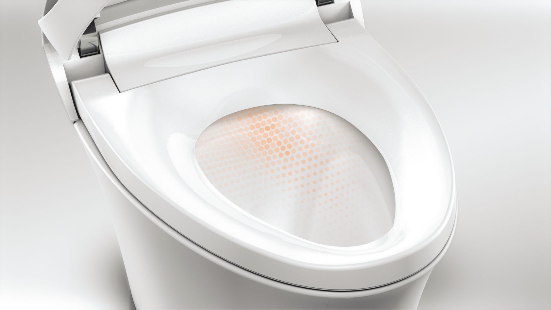 The inside of a toilet bowl with a graphic to indicate heated air inside the bowl.