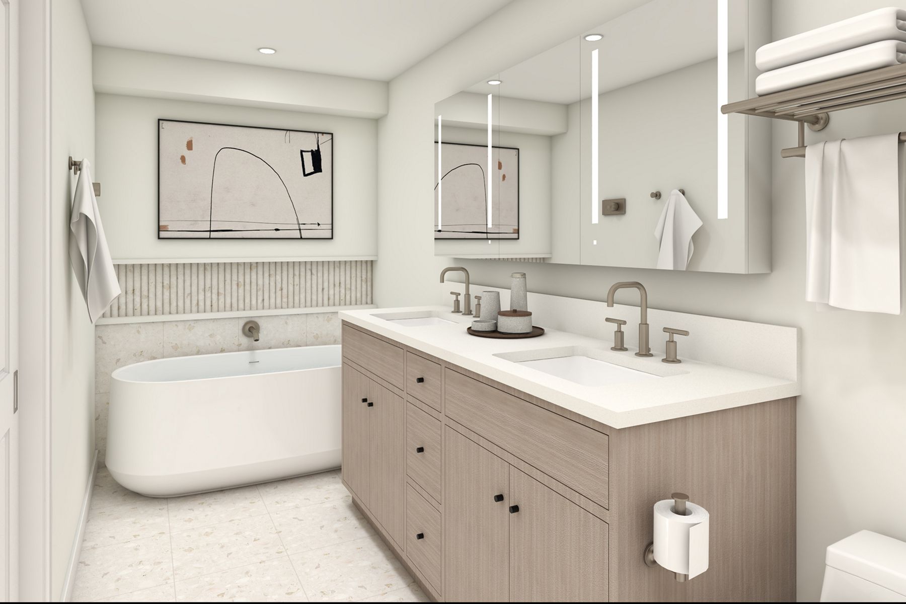 A rendering of a bathroom with dual sinks and a freestanding tub.