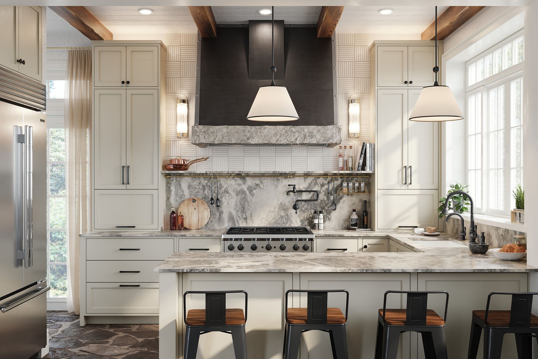Elegant kitchen with marble countertops and backsplash, white cabinetry, exposed wood ceiling beams, and a large cooking range.