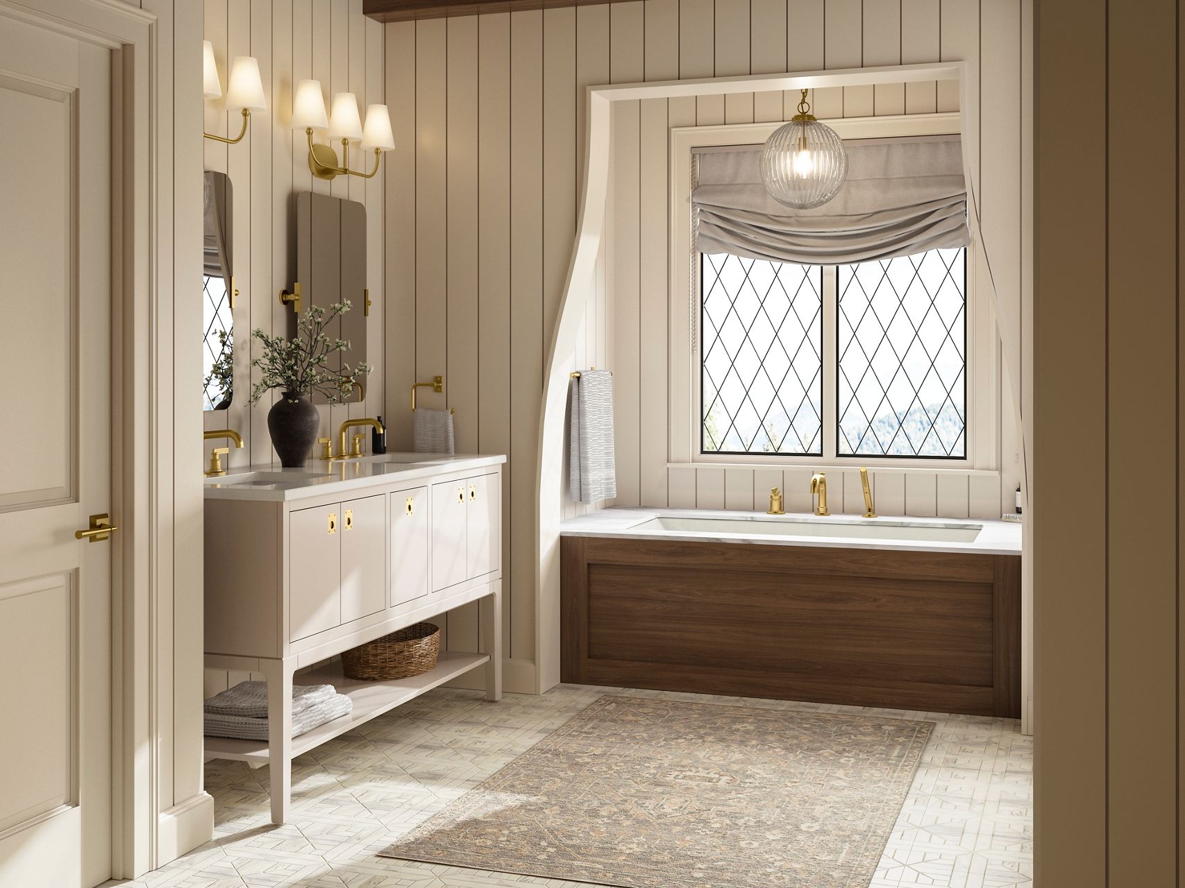 Warm neutral bathroom with a wood-paneled bathtub, white vanity, brass fixtures, and diamond-pane window.