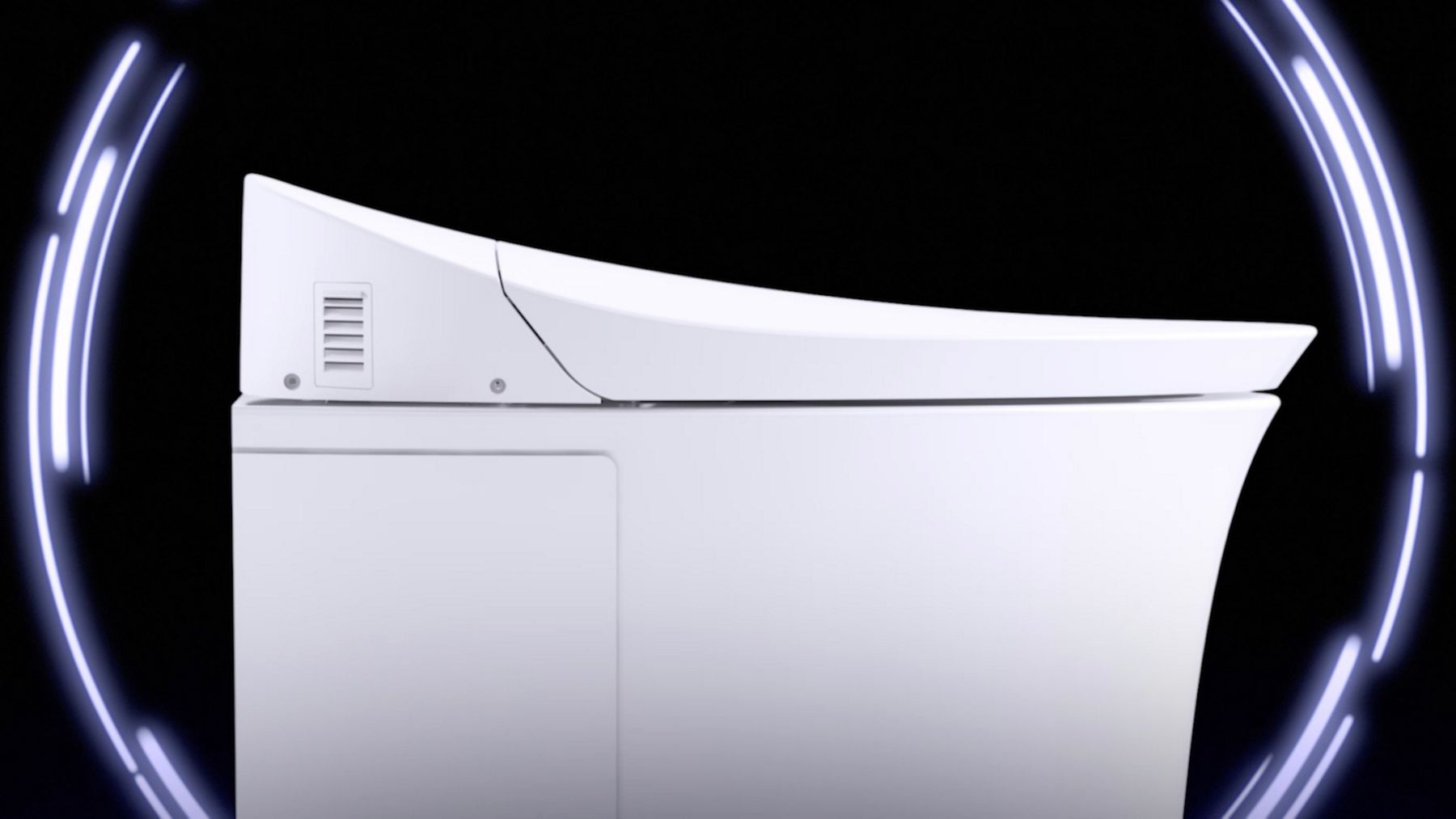 A video screen shot of a white smart toilet against a black background with a circular light trailer on the left.