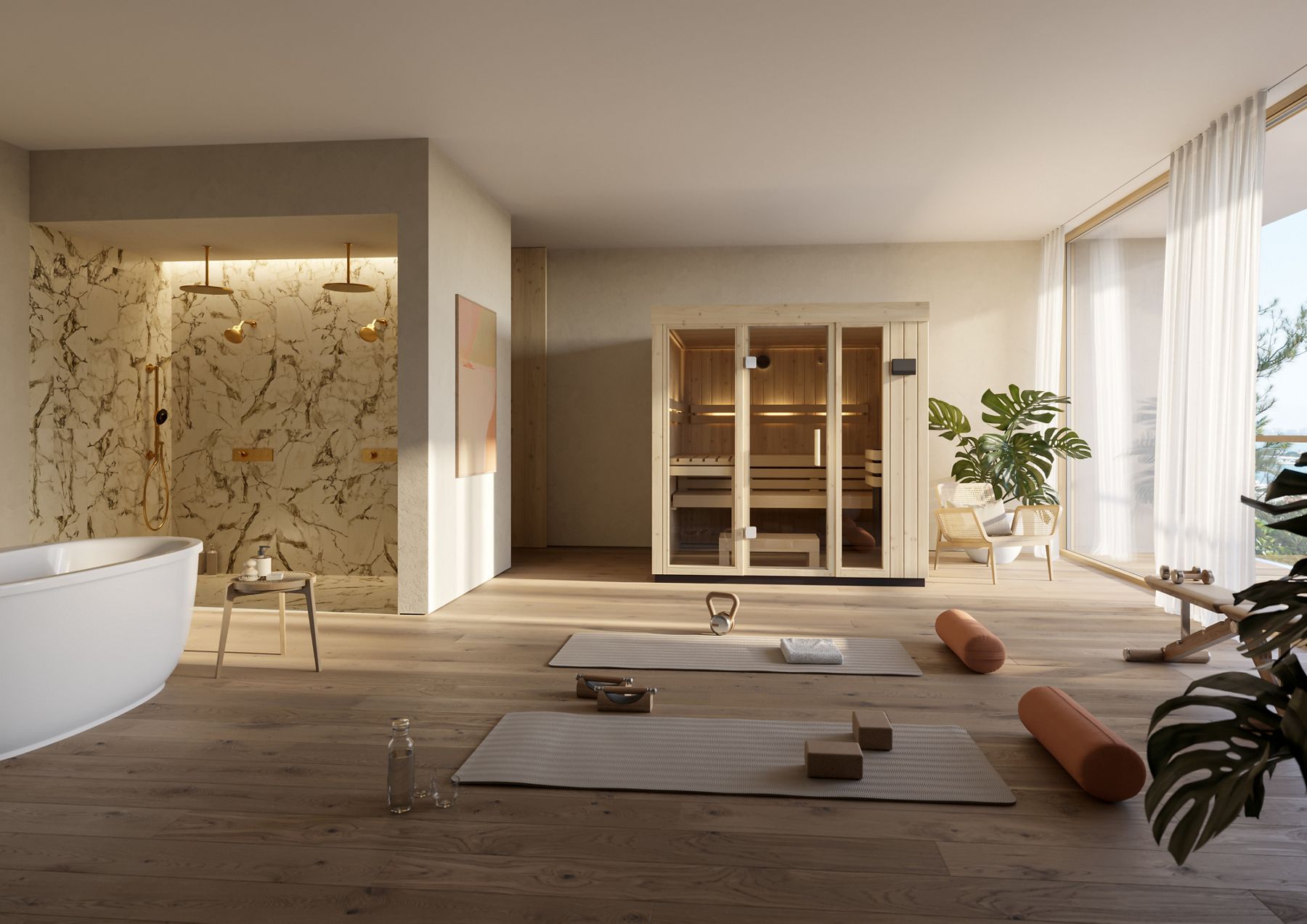 Modern wellness room with yoga mats, props, and a glass-fronted wooden sauna and glass steam room for relaxation and recovery.