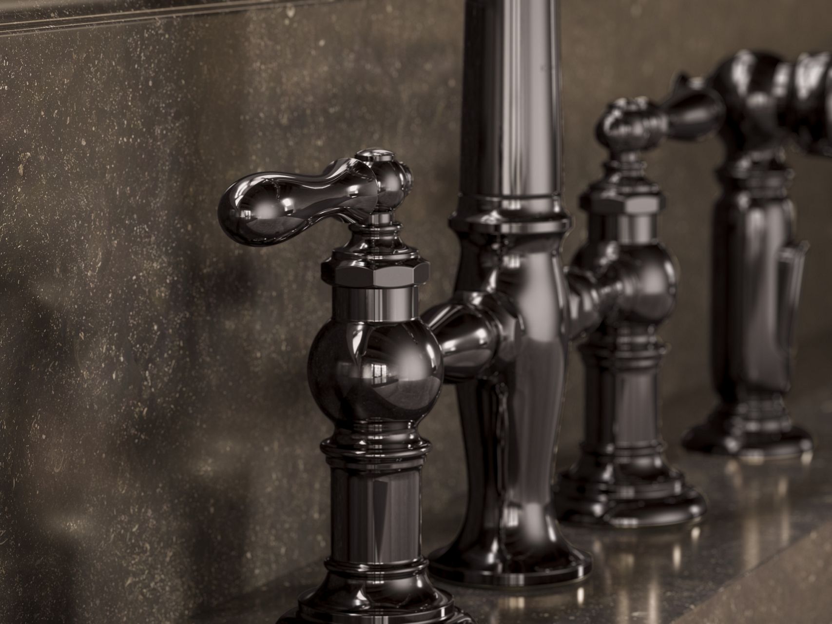Black traditional-style bathroom faucet close-up from Jake collection