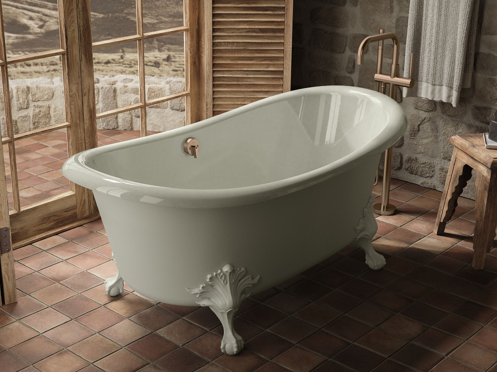 White freestanding bathtub on a rustic wood patio