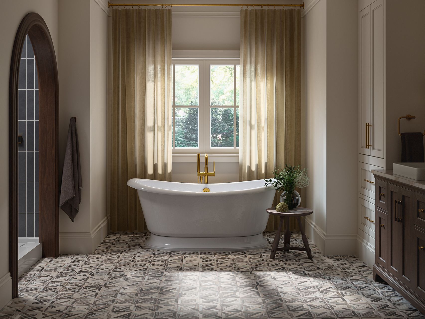 Serene bathroom with white cast iron freestanding bathtub, gold finishes, and natural wood accents.