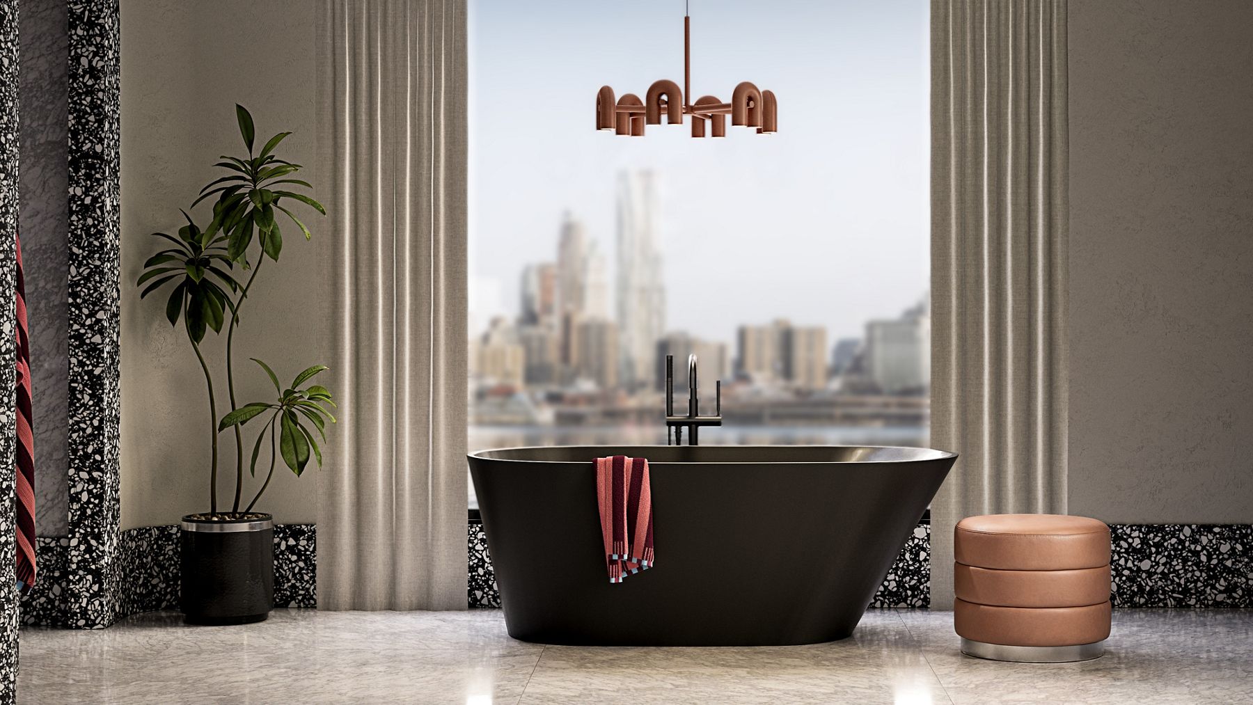 Freestanding black bathtub in a modern bathroom with floor-to-ceiling curtains, city views, a potted plant, and a round ottoman.