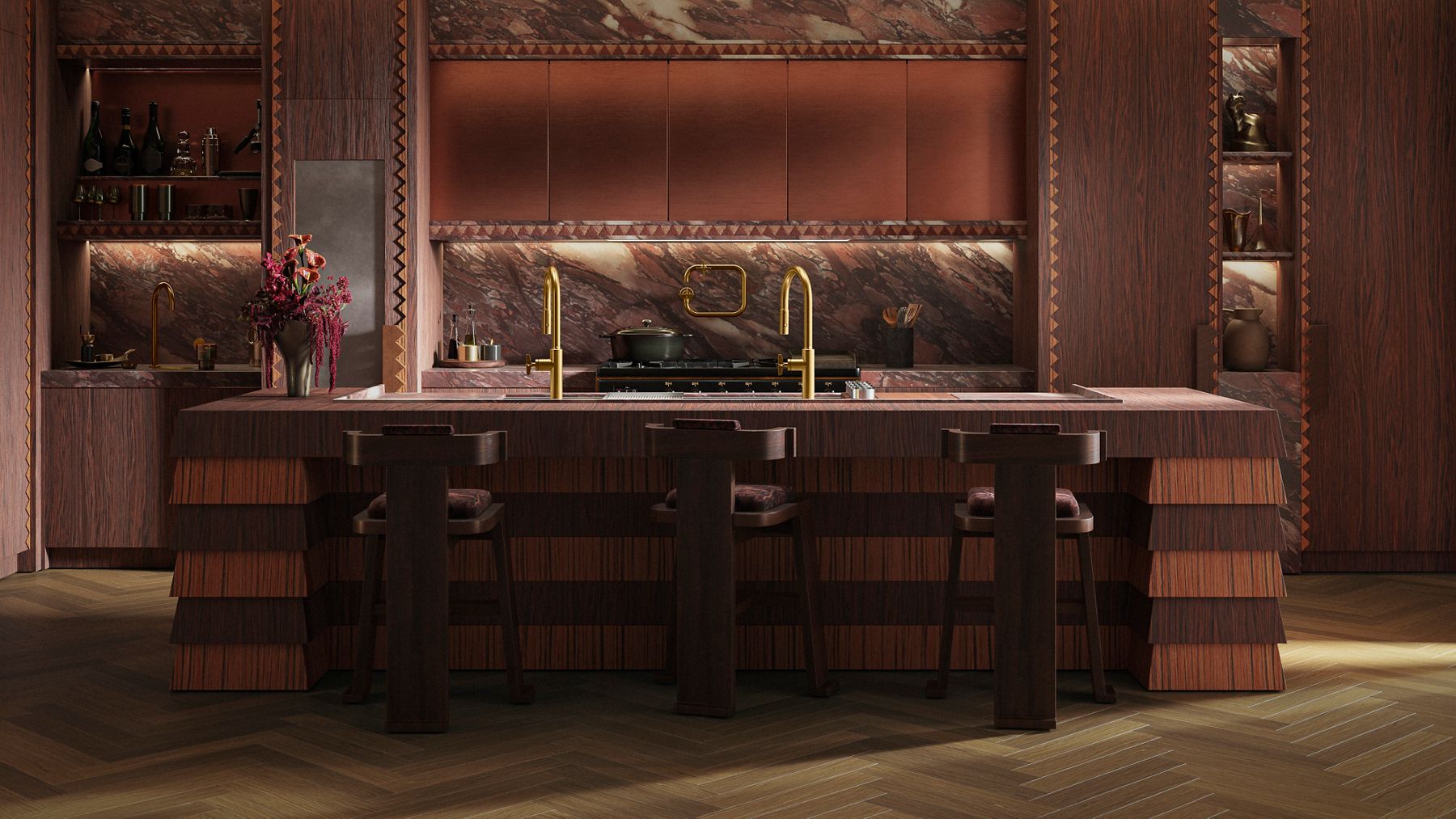 A rich and textured kitchen with amber colored marble backsplash and double gold faucets over a workstation sink.