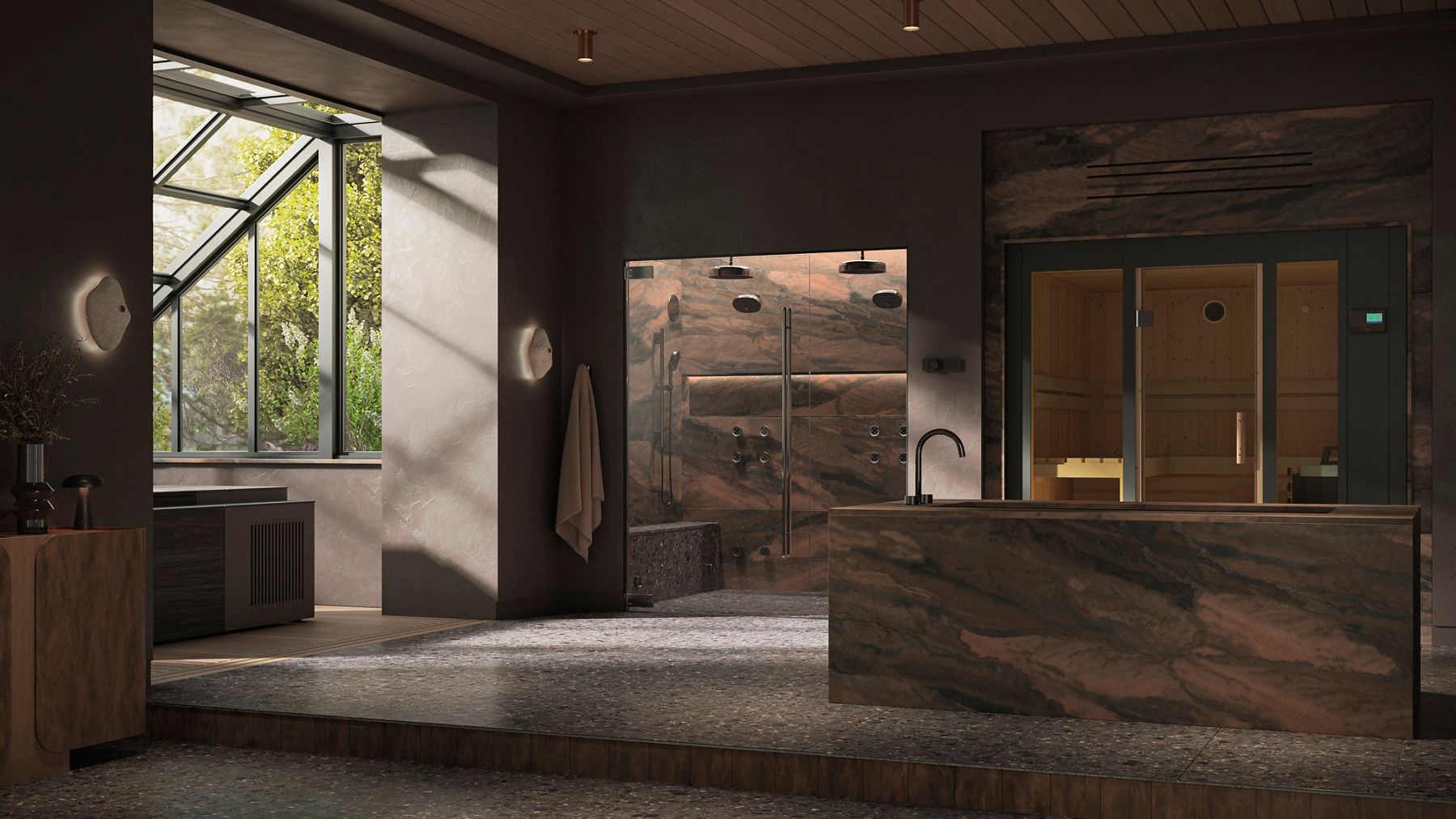 Luxurious wellness oasis featuring an indoor sauna, freestanding bath, an ice bath, and a steam shower.