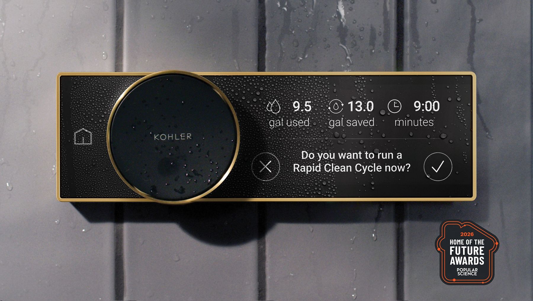 Anthem controller showing Cycle Mode settings and shower controls on a dark tiled shower wall.