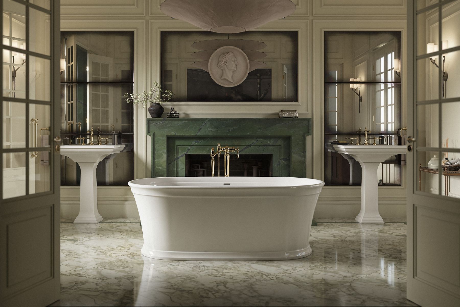 Traditional bathroom with a white freestanding bathtub, twin pedestal sinks, green marble fireplace, and polished marble flooring.