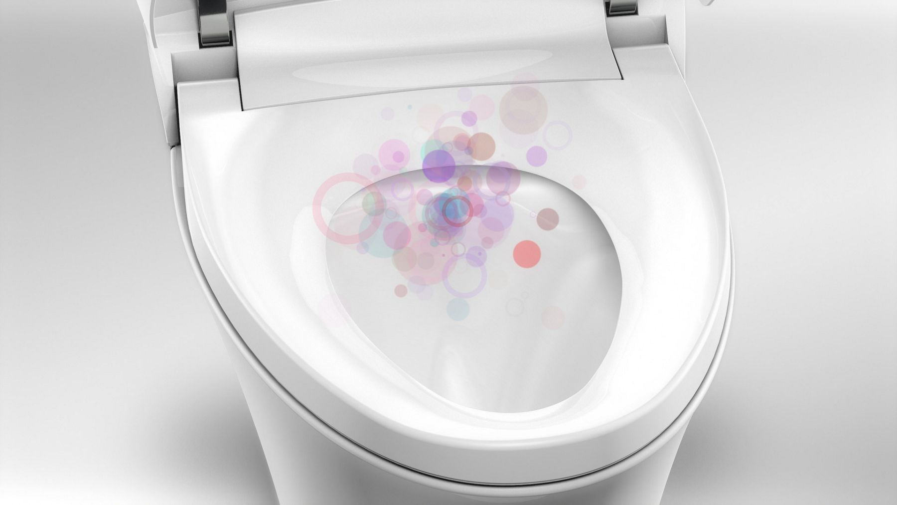 A toilet with a graphic to indicate fresh air coming from the bowl. 