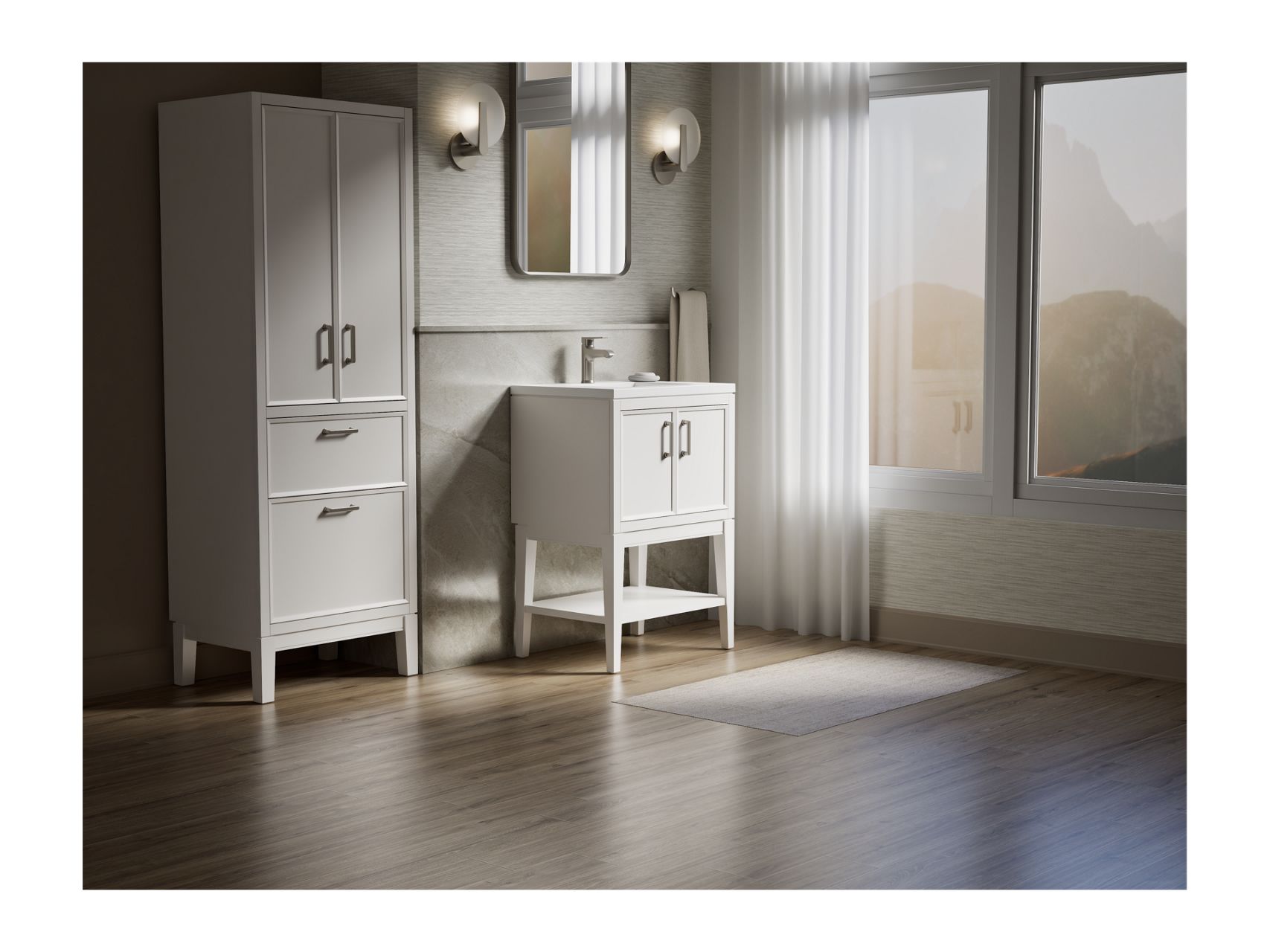 Elegant double white vanities with mirrors and sconce lighting in a bright bathroom.