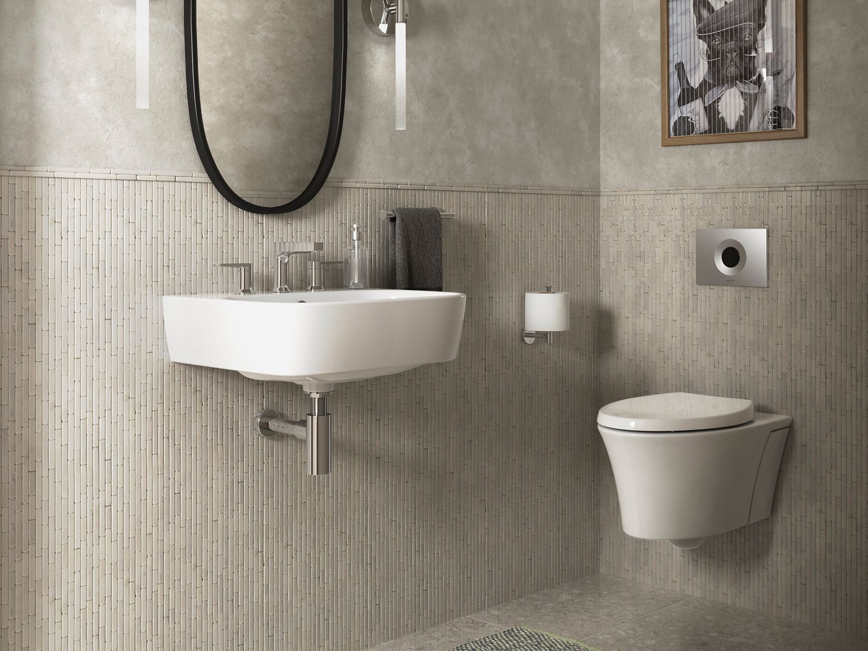 Contemporary gray bathroom with wall-mounted sink and toilet