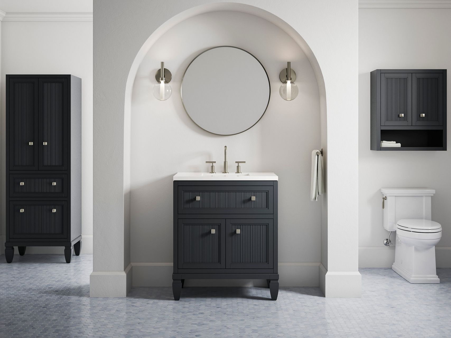 Modern bathroom with dark wood vanity, round mirror, matching cabinets, and white tile floor. 