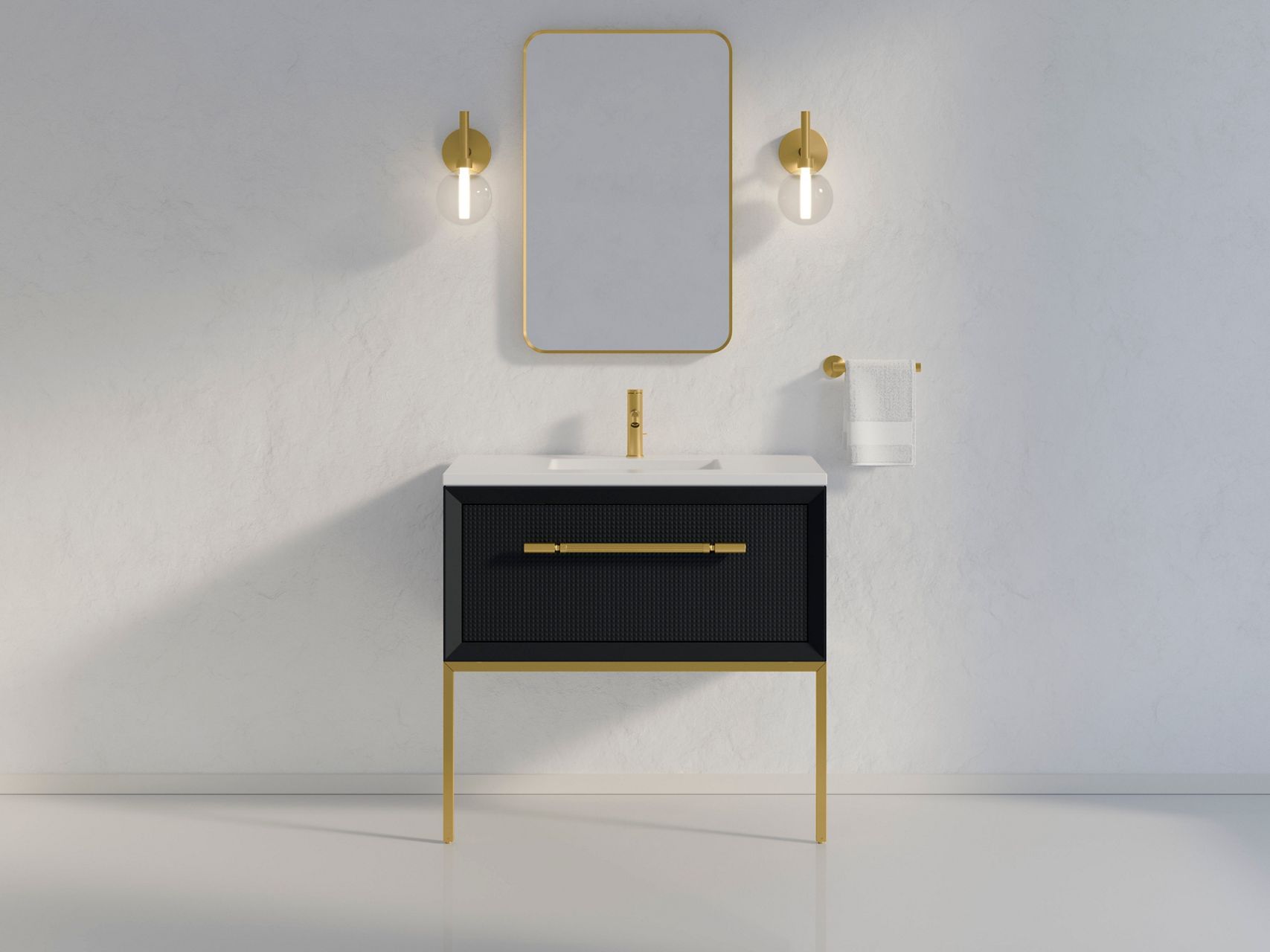 Minimalist black and gold single vanity with wall-mounted faucet and sconce lighting.
