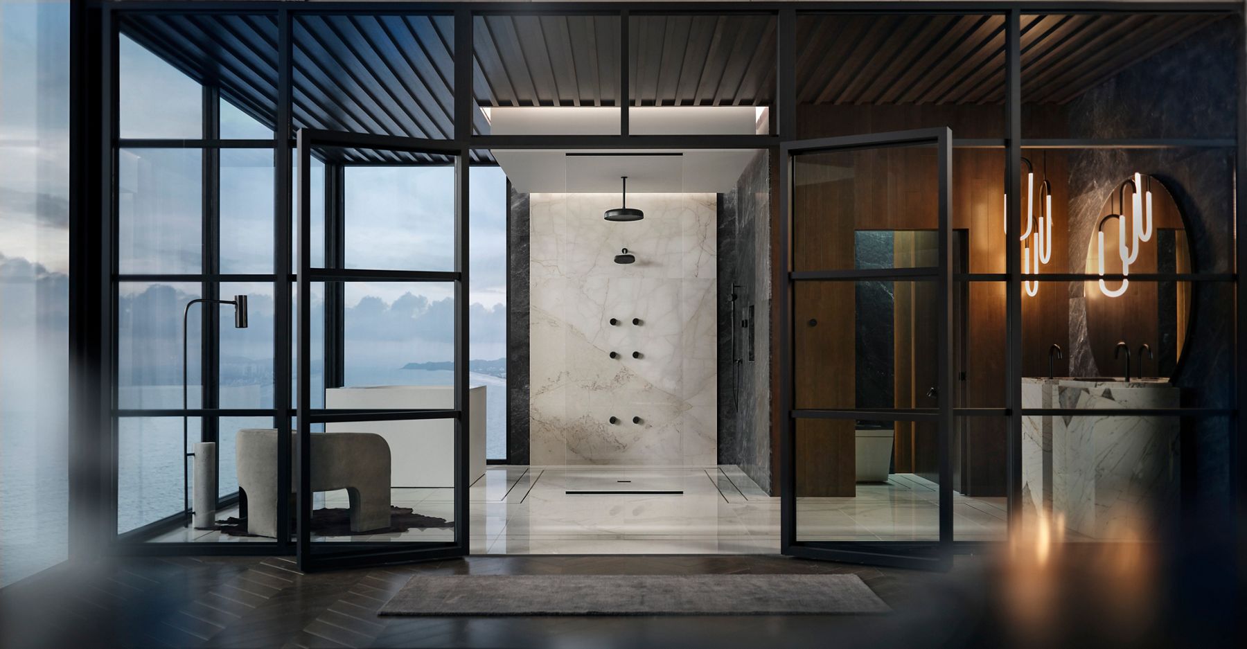 A large bathroom with floor to ceiling windows features a white KOHLER Stillness freestanding bath and a large shower with Matte Black Statement rainshower, showerhead, and six bodysprays.