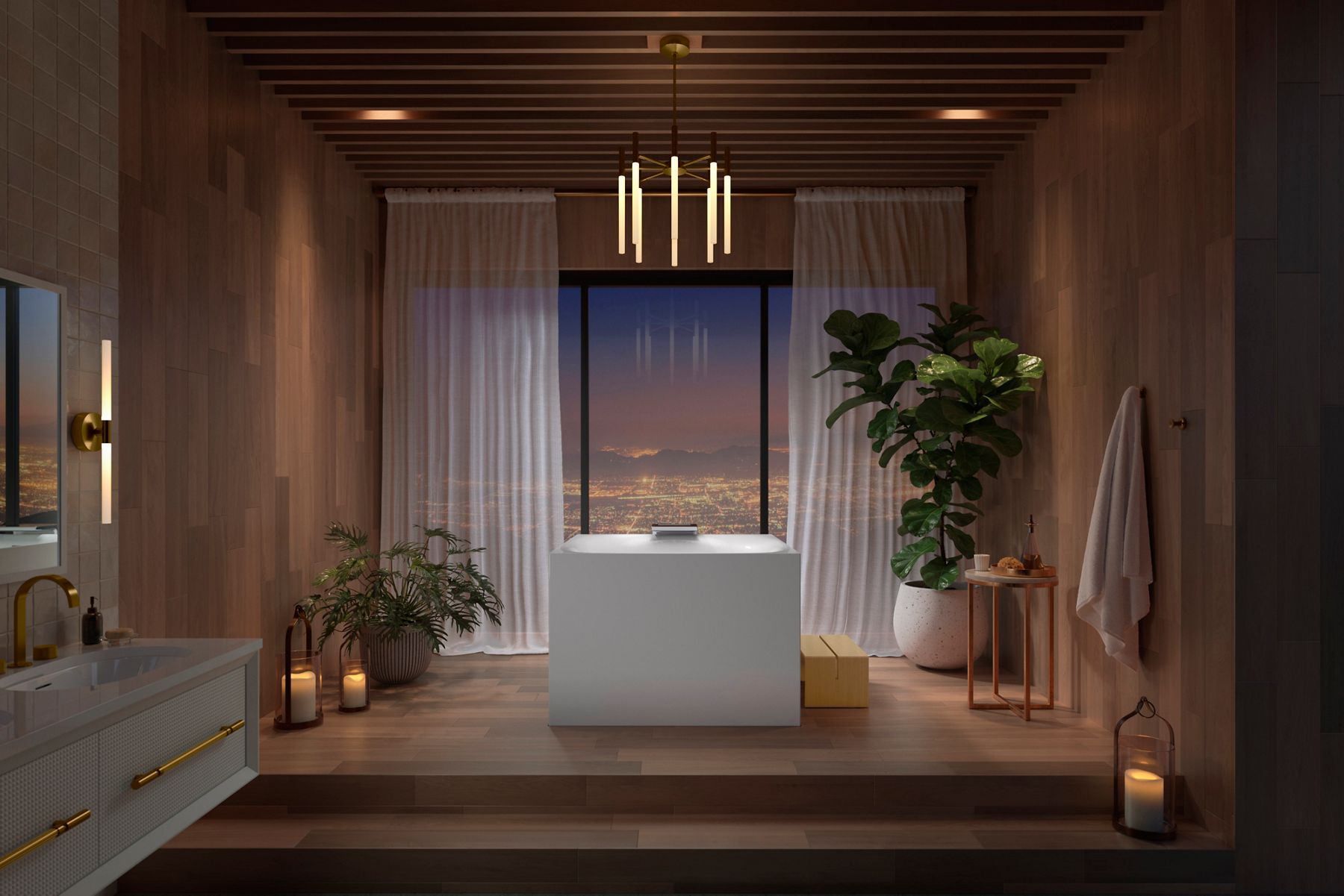Product image of a white square-shaped KOHLER Stillness bath filled perfectly filled with water and illuminated with light, installed in a room with large windows overlooking a city.