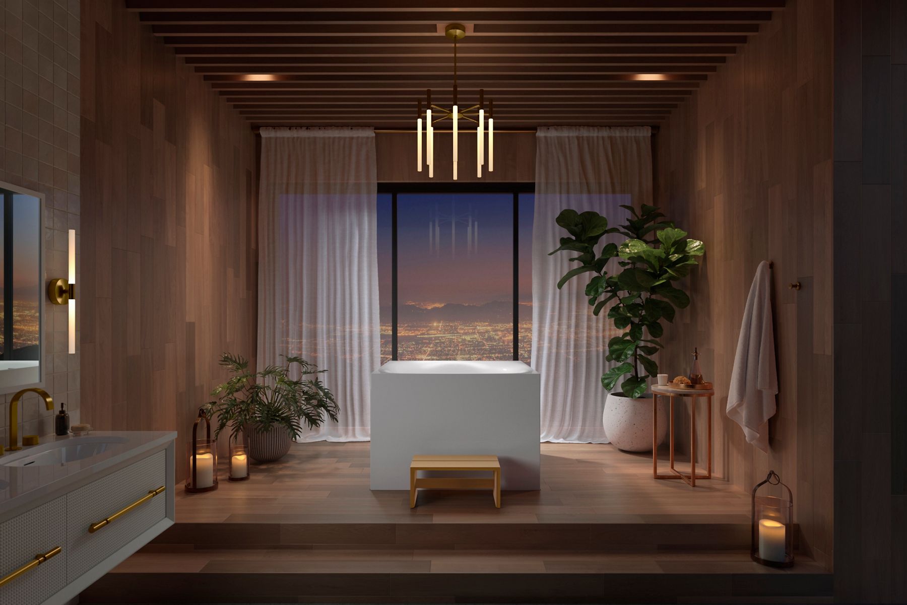 Product image of a white square-shaped KOHLER Stillness bath filled perfectly filled with water to the top, installed in a room with large windows overlooking a city.