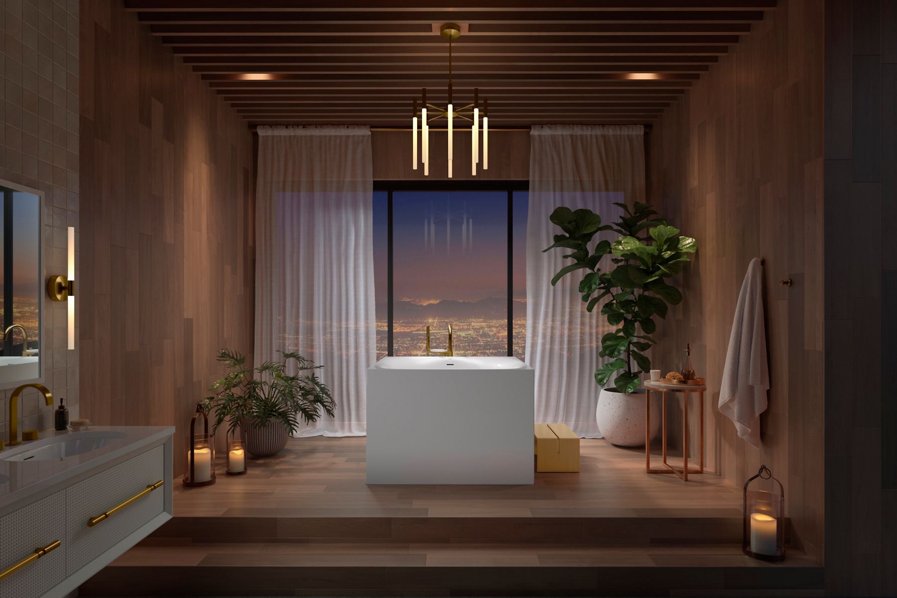 Product image of a white square-shaped KOHLER Stillness bath installed in a room with large windows overlooking a city.