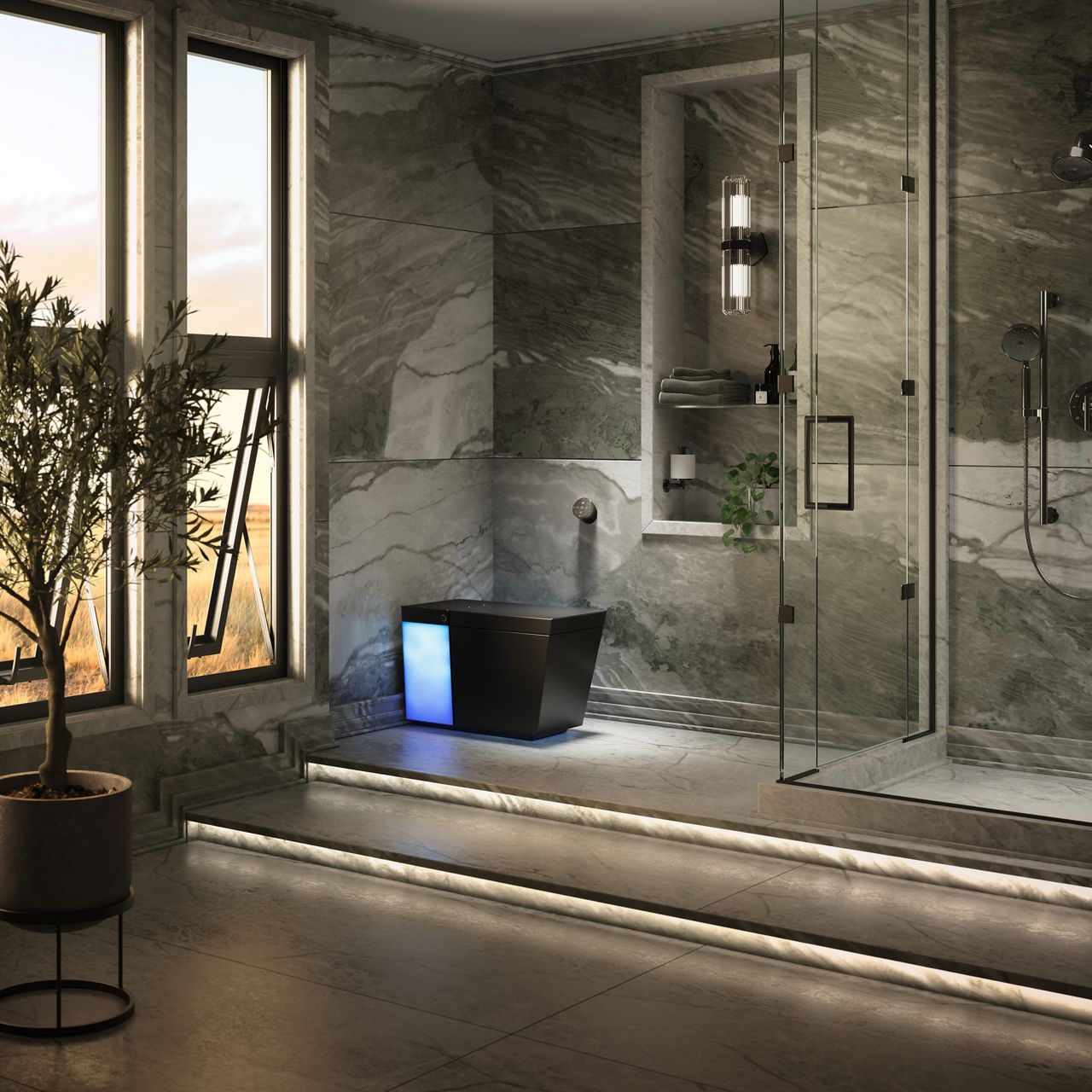 Close-up image of a Numi 2.0 toilet in matte black finish with the back light illuminated and glowing in blue. The toilet is installed in front of a marble wall.