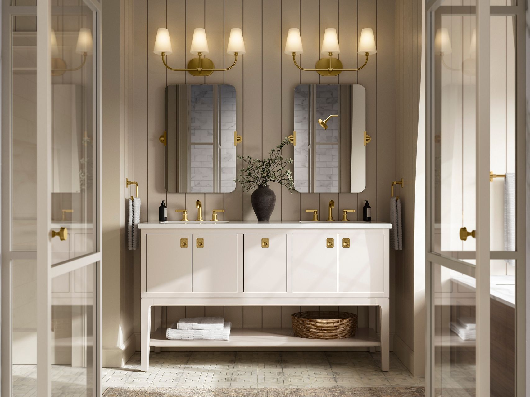 Modern double bathroom vanity with white cabinets, marble countertop, and wall mirrors.