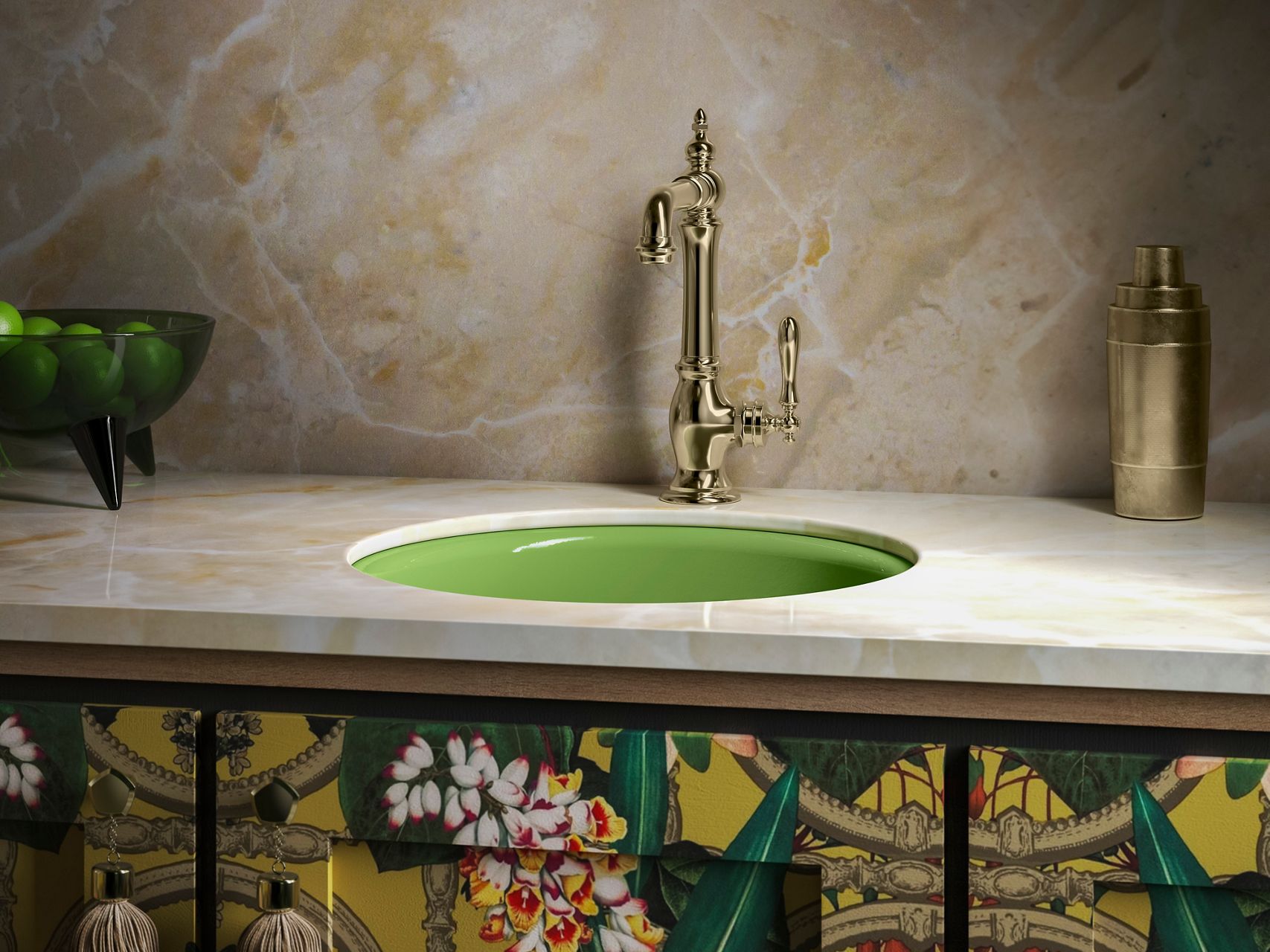 Vintage-style polished nickel faucet with green sink and floral patterned vanity