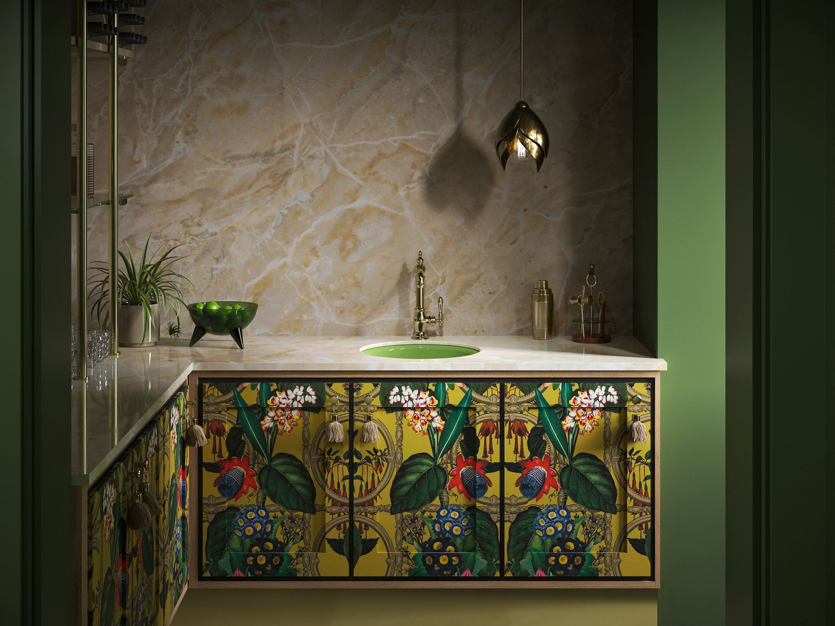 A wide shot sunlit image in an eclectic bar space. The bar counter cabinets have a vibrant colorful floral design with a beige marble counter top. There is a bright green bar sink attached to the counter top with a gold tone faucet. Surrounding the bar sink are a few decorative items neatly placed on the counter.