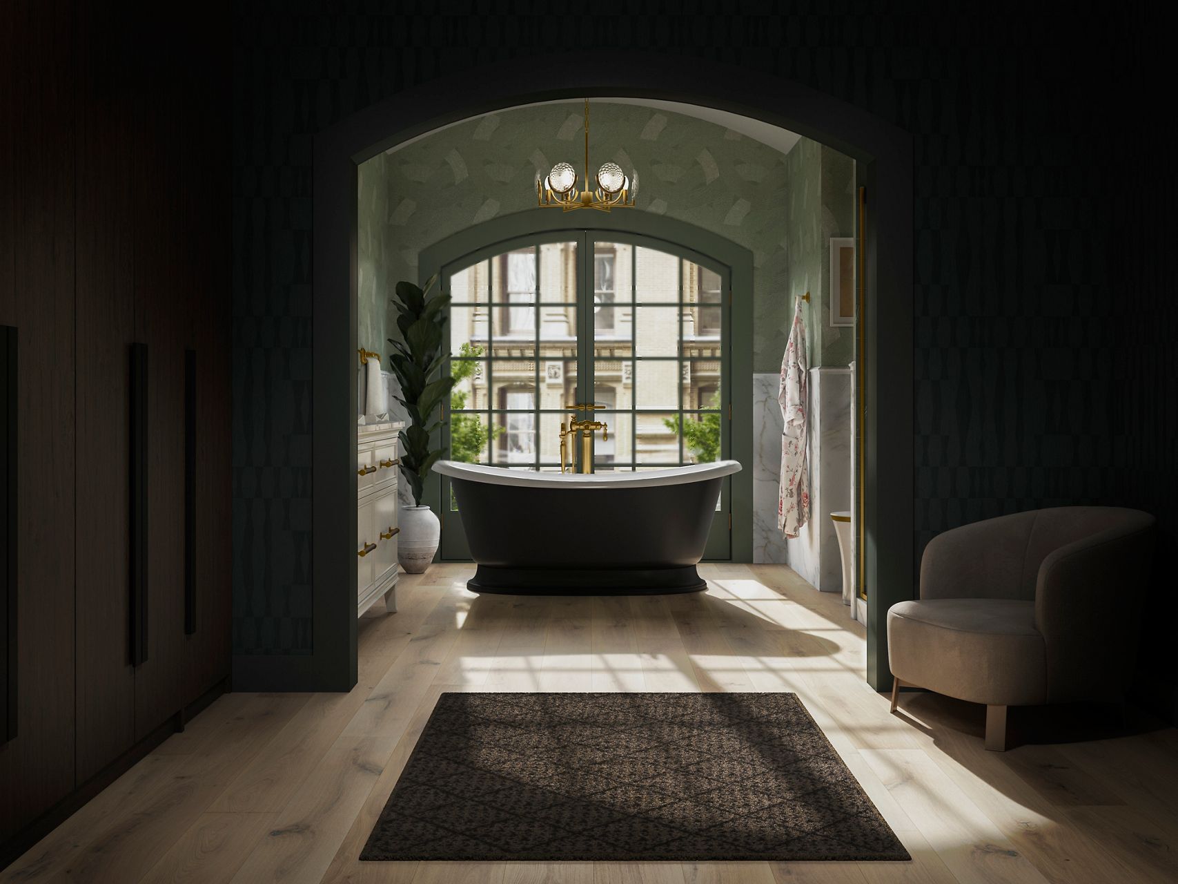 A wide shot image of a sundrenched bathroom. There is a tub in the center of the image that is placed in front of a wide window. The tub has a matte black exterior and white interior with golden faucets