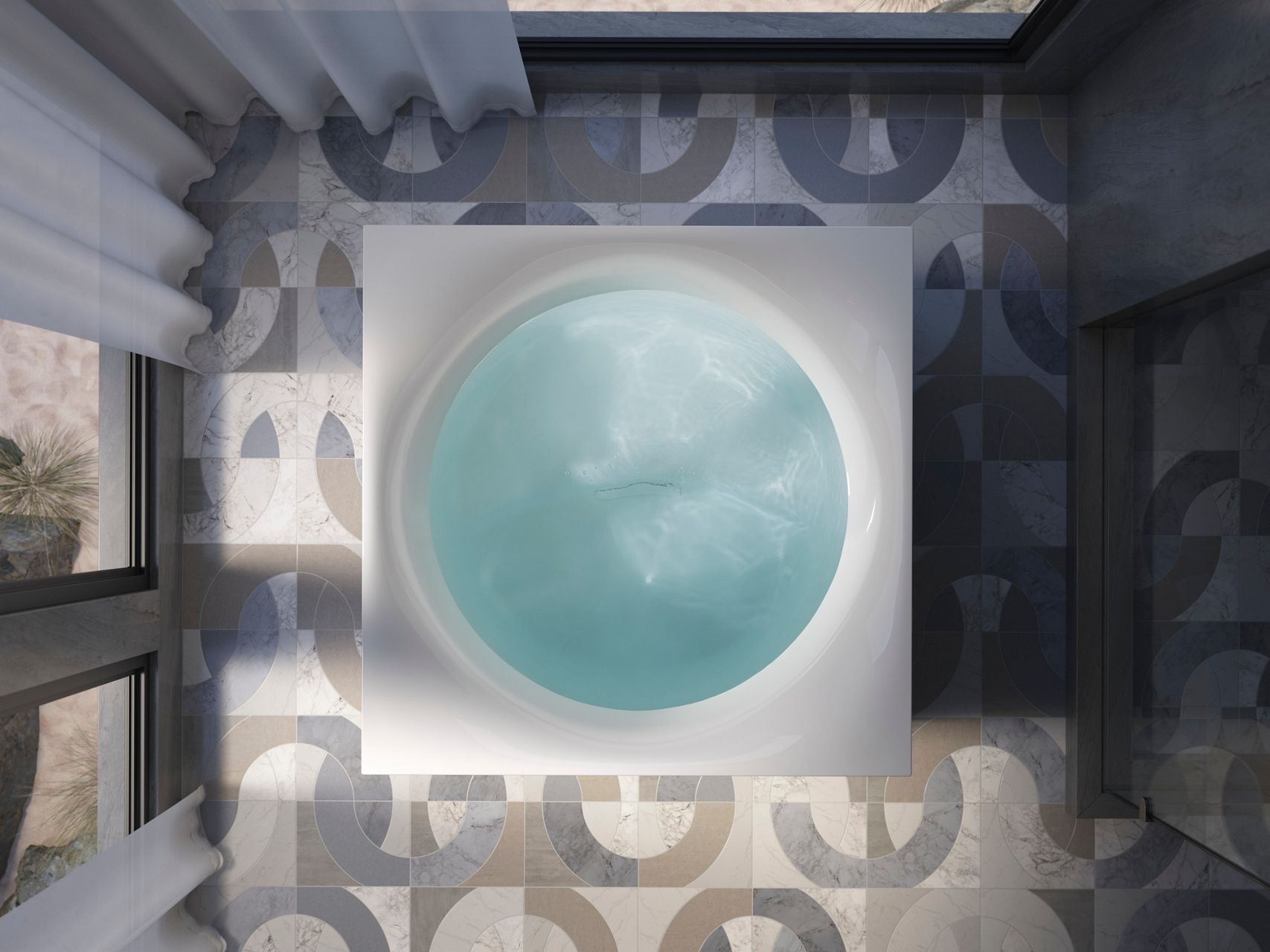 Top-down view of a round bathtub filled with clear water, set within a square frame on a patterned tile floor.