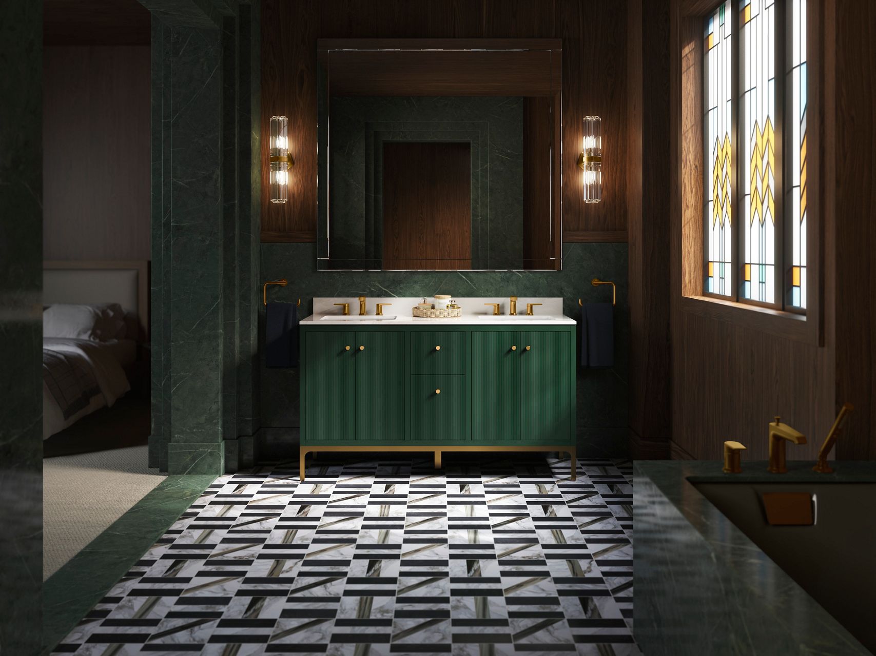 Modern bathroom vanity with green cabinets, gold hardware, marble countertop, and dual arched mirrors against a wood and green stone wall with geometric black-and-white floor tiles.
